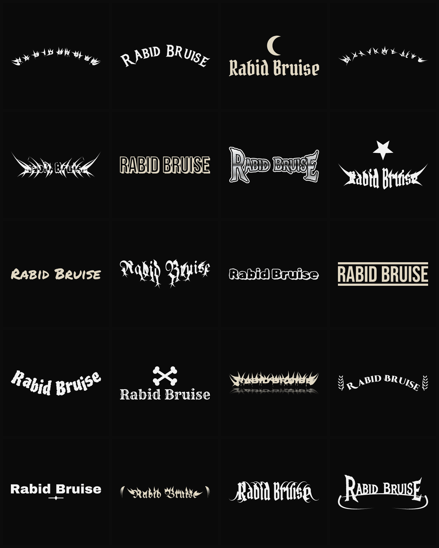Twenty Rabid Bruise band logo ideas — different faces, treatments and spike settings