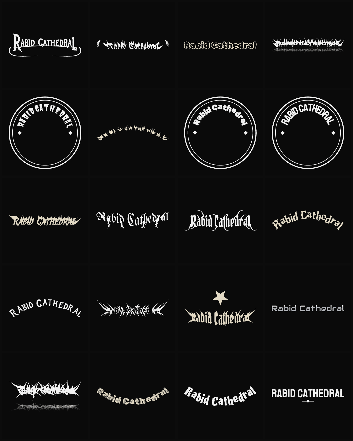 Twenty Rabid Cathedral band logo ideas — different faces, treatments and spike settings