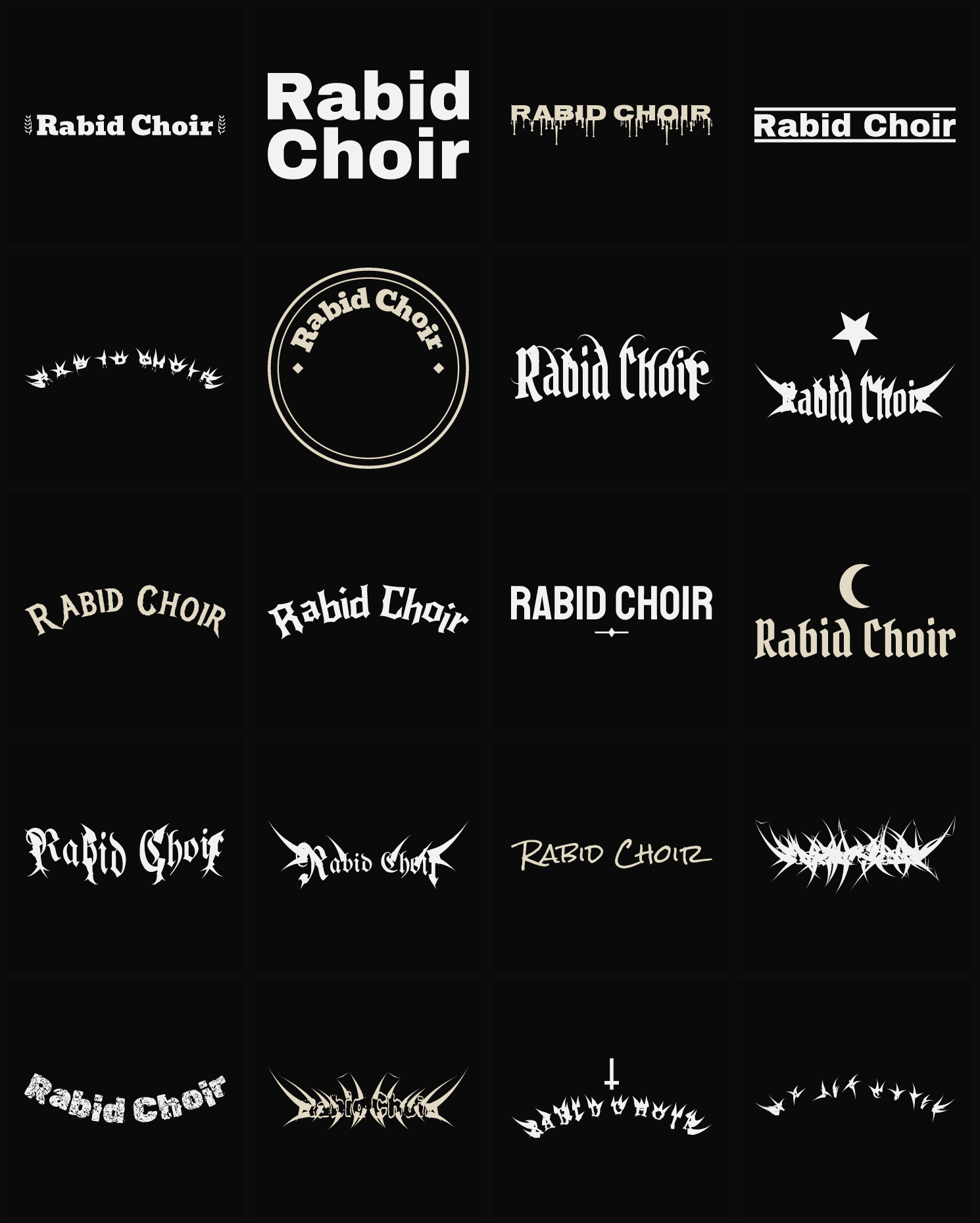 Twenty Rabid Choir band logo ideas — different faces, treatments and spike settings
