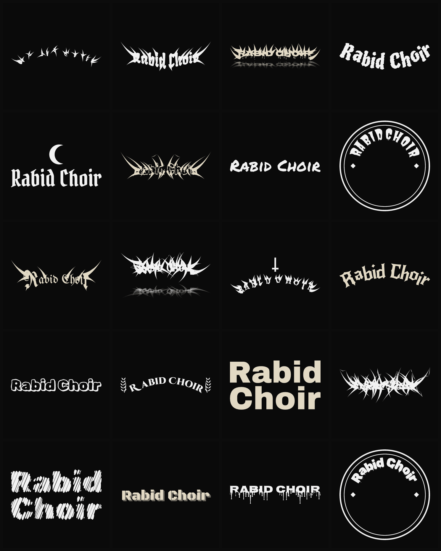 Twenty Rabid Choir band logo ideas — different faces, treatments and spike settings