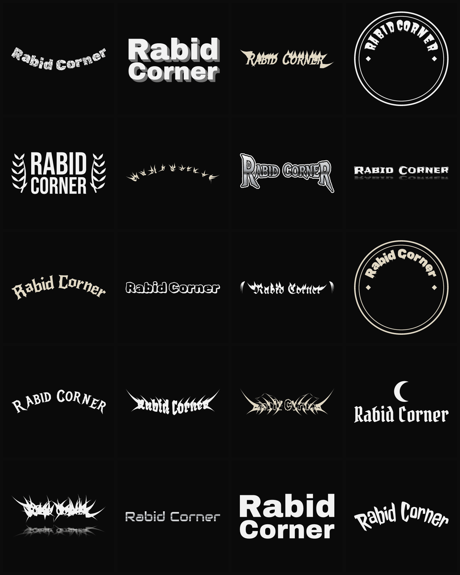 Twenty Rabid Corner band logo ideas — different faces, treatments and spike settings