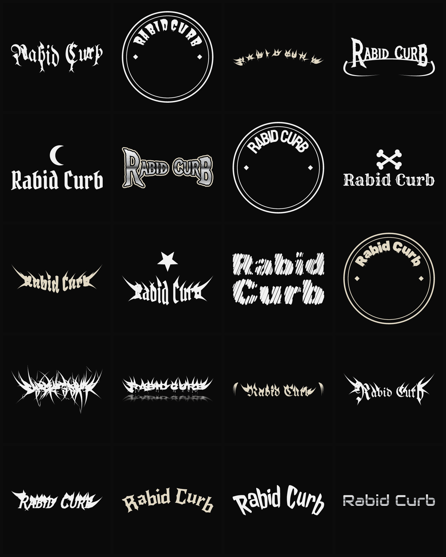 Twenty Rabid Curb band logo ideas — different faces, treatments and spike settings