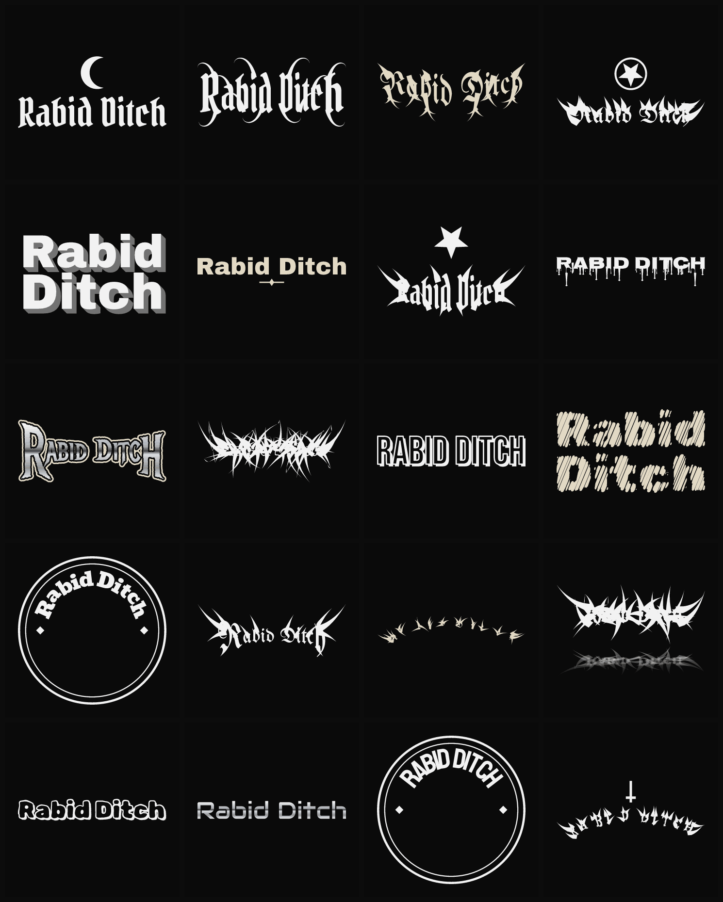 Twenty Rabid Ditch band logo ideas — different faces, treatments and spike settings
