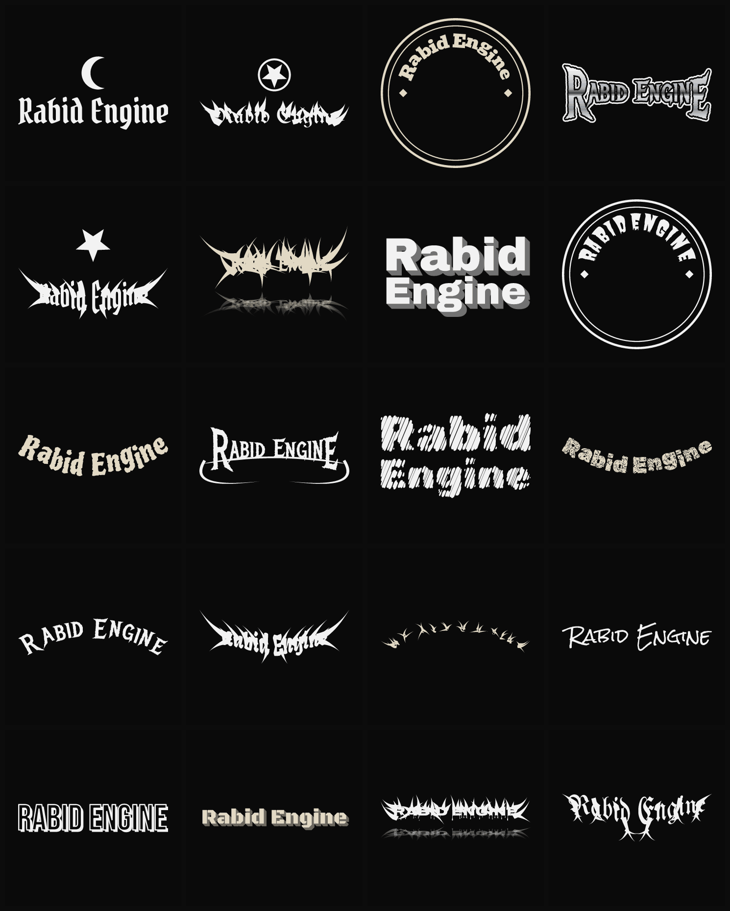 Twenty Rabid Engine band logo ideas — different faces, treatments and spike settings