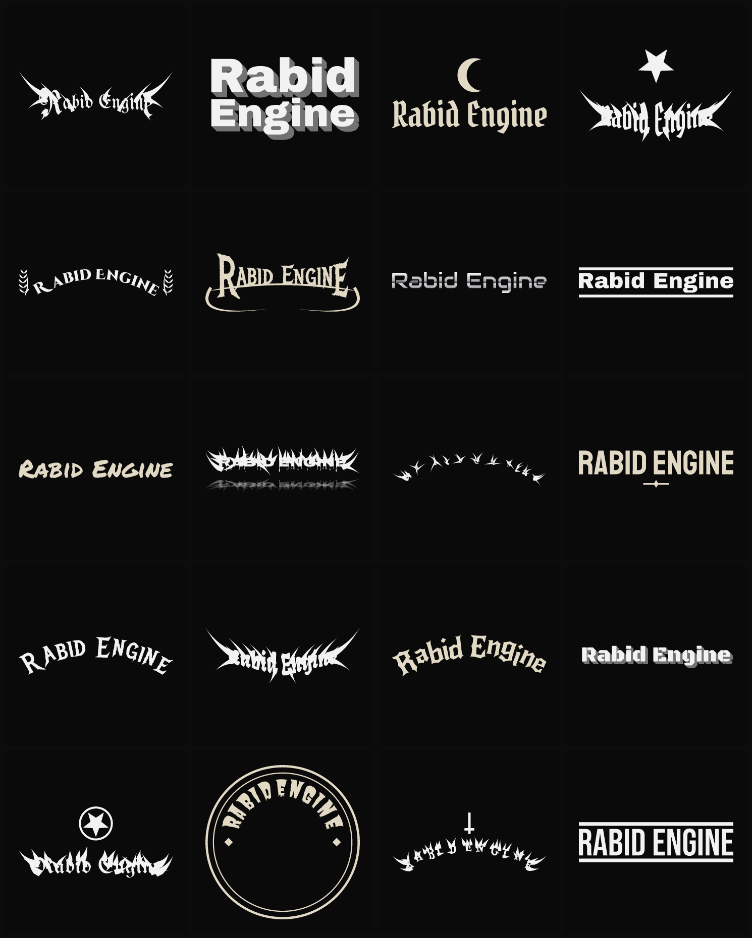 Twenty Rabid Engine band logo ideas — different faces, treatments and spike settings