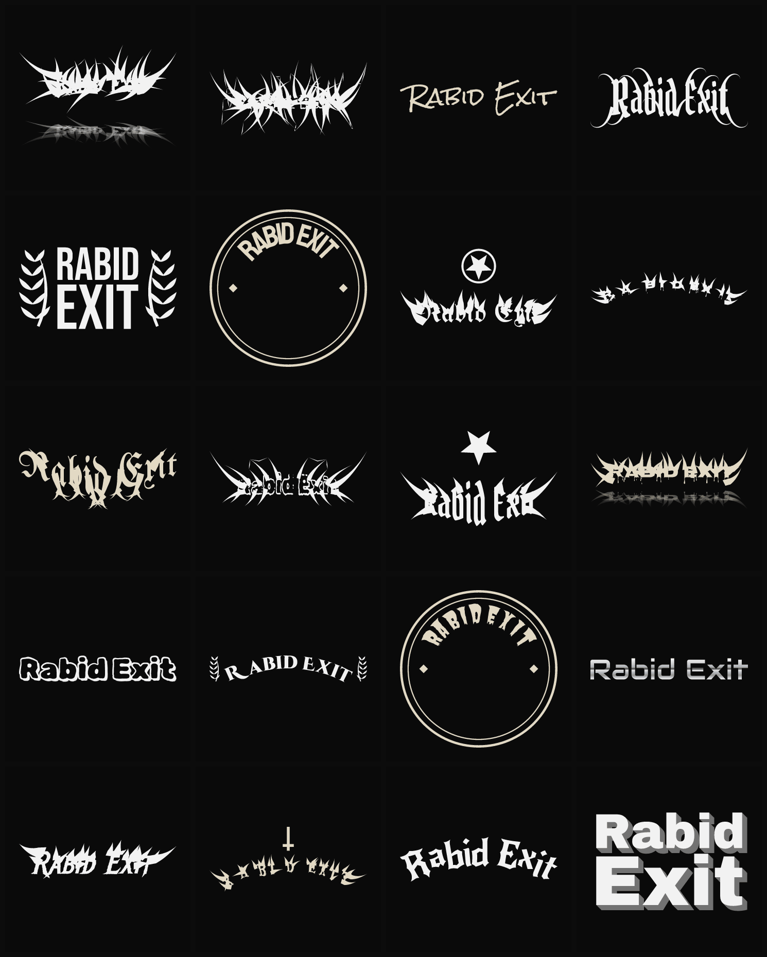 Twenty Rabid Exit band logo ideas — different faces, treatments and spike settings