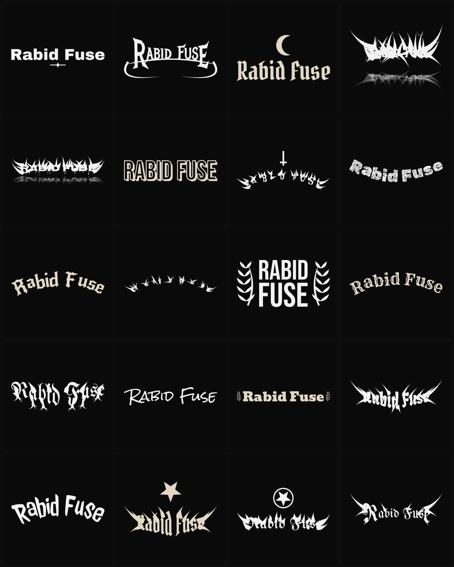 Twenty Rabid Fuse band logo ideas — different faces, treatments and spike settings