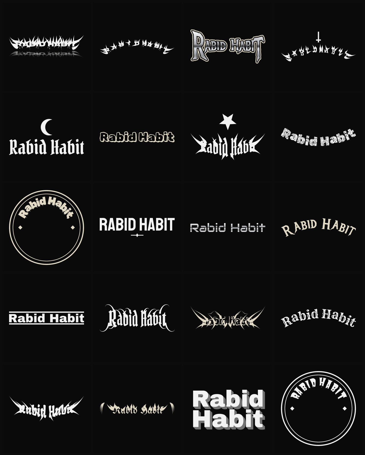 Twenty Rabid Habit band logo ideas — different faces, treatments and spike settings