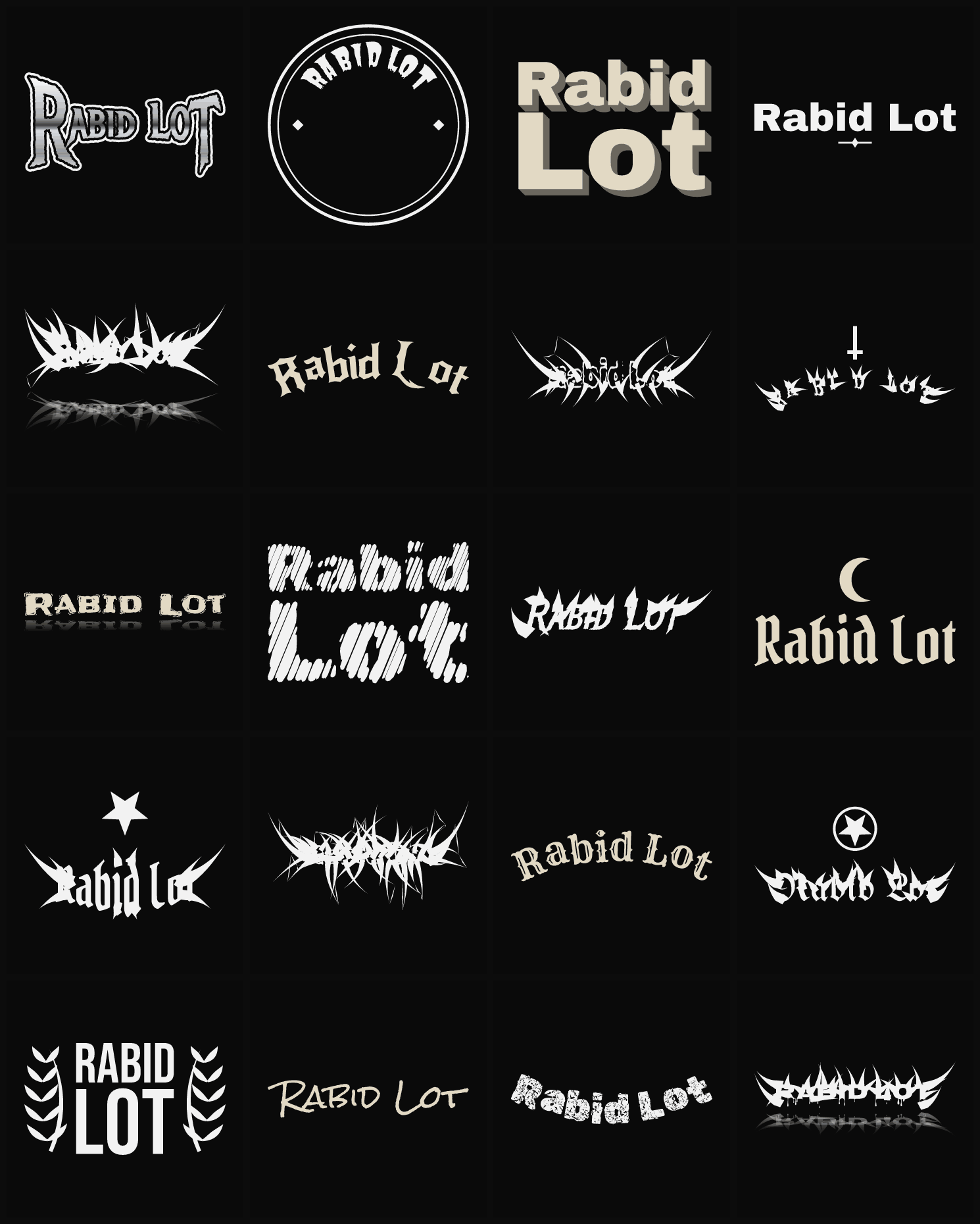 Twenty Rabid Lot band logo ideas — different faces, treatments and spike settings