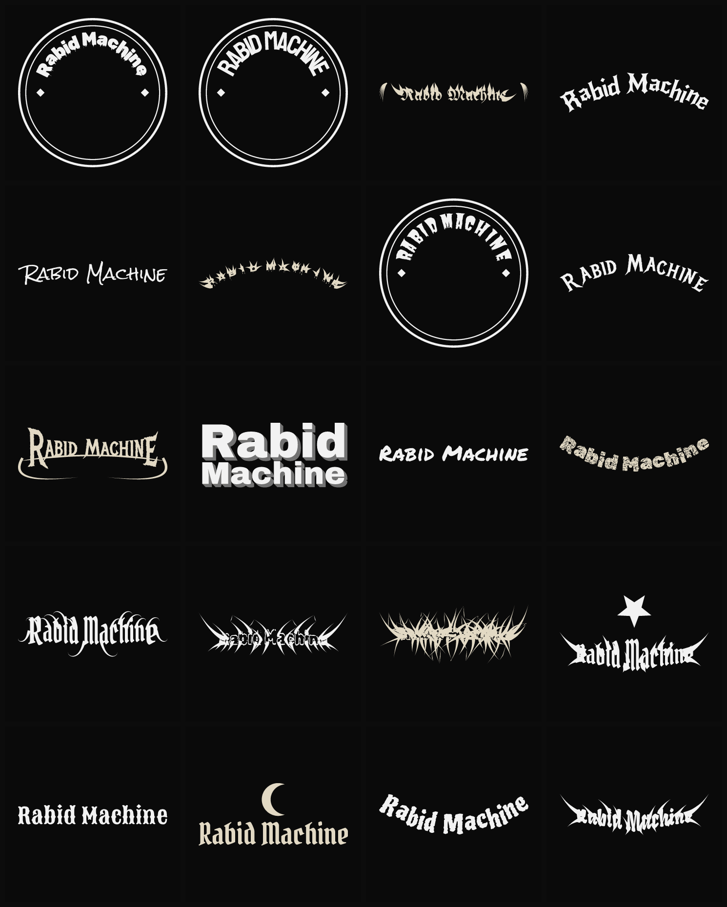 Twenty Rabid Machine band logo ideas — different faces, treatments and spike settings