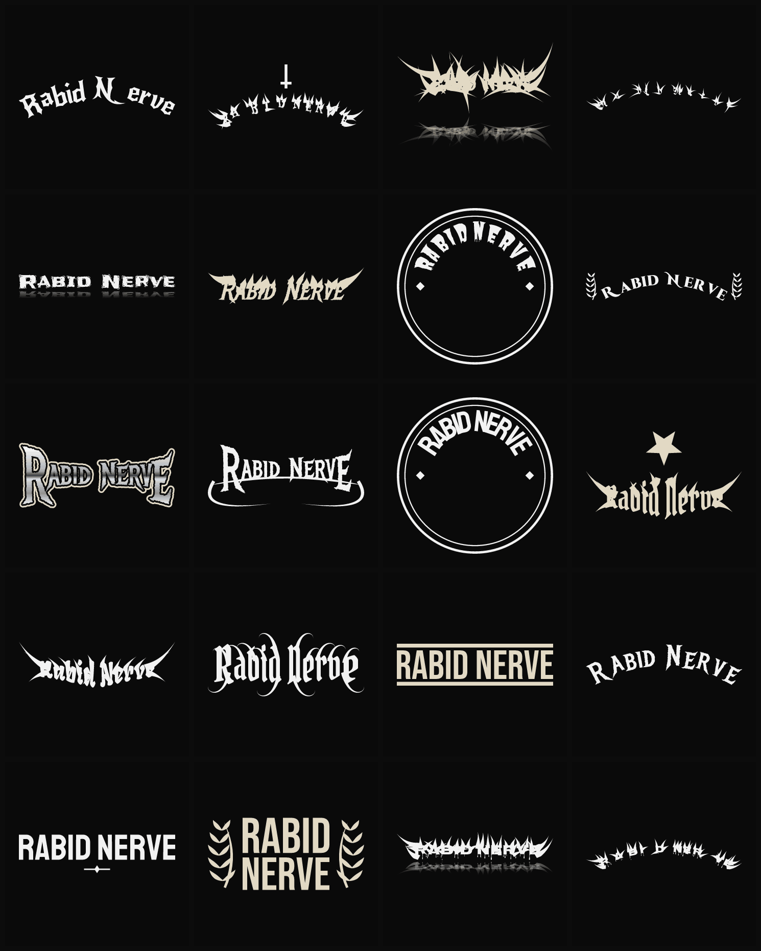 Twenty Rabid Nerve band logo ideas — different faces, treatments and spike settings