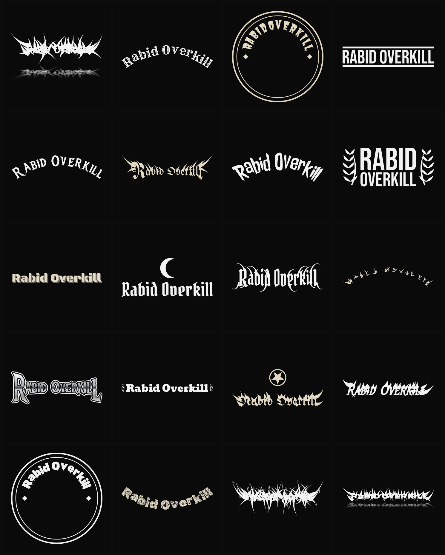 Twenty Rabid Overkill band logo ideas — different faces, treatments and spike settings