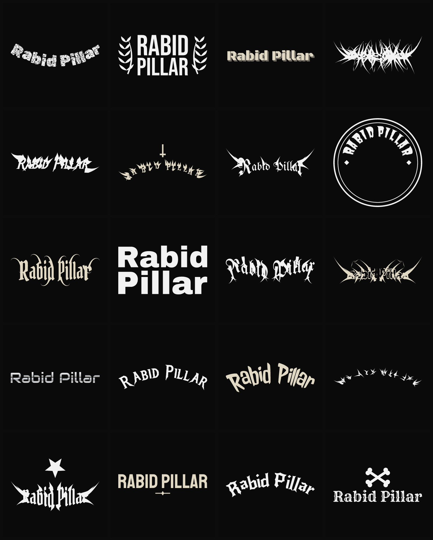 Twenty Rabid Pillar band logo ideas — different faces, treatments and spike settings