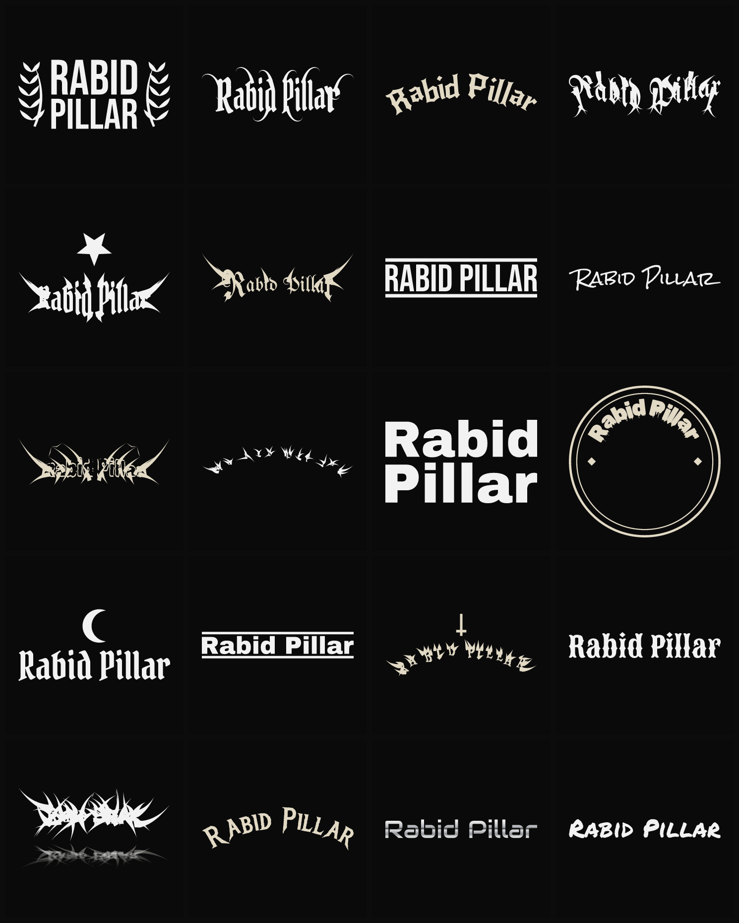 Twenty Rabid Pillar band logo ideas — different faces, treatments and spike settings