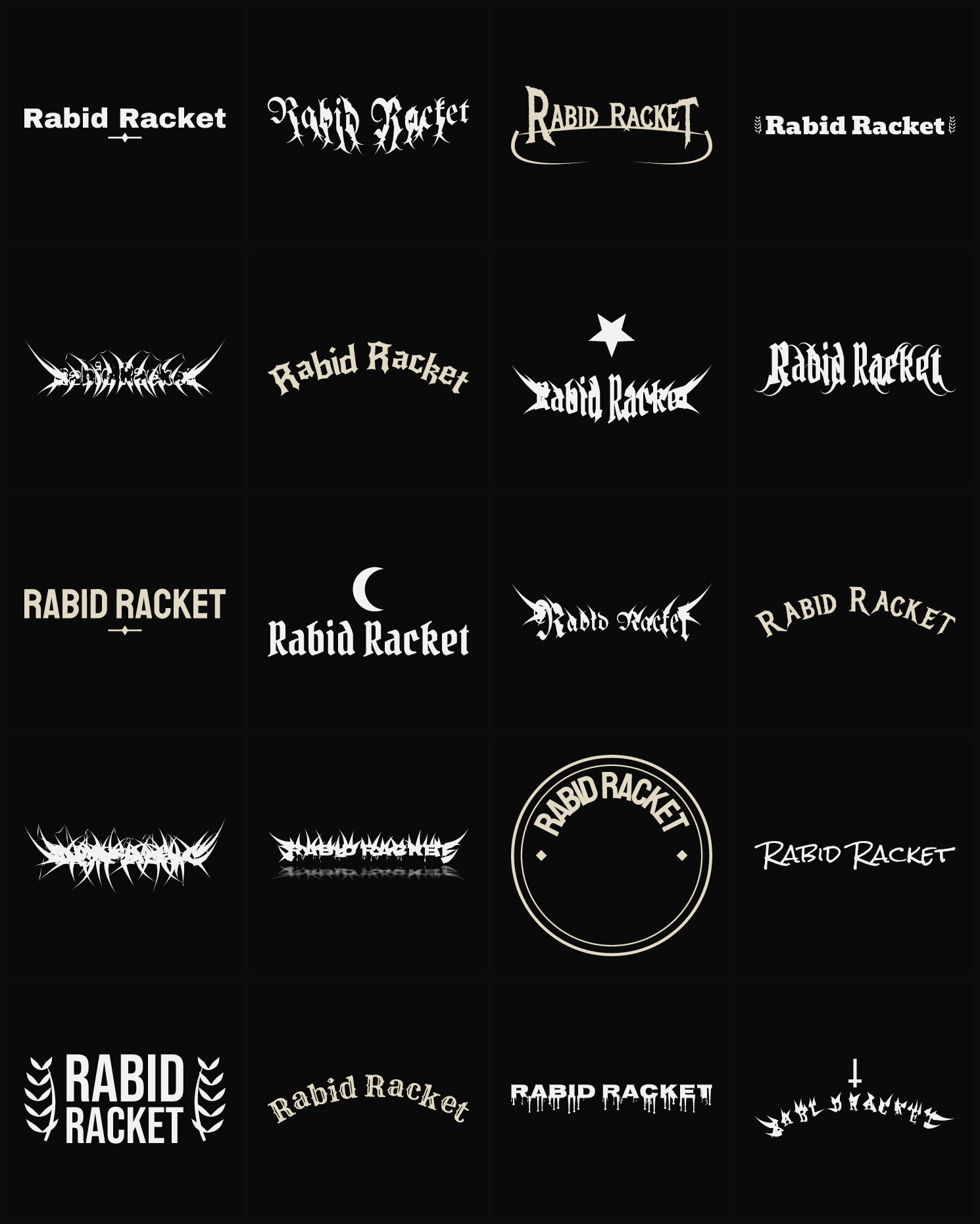 Twenty Rabid Racket band logo ideas — different faces, treatments and spike settings