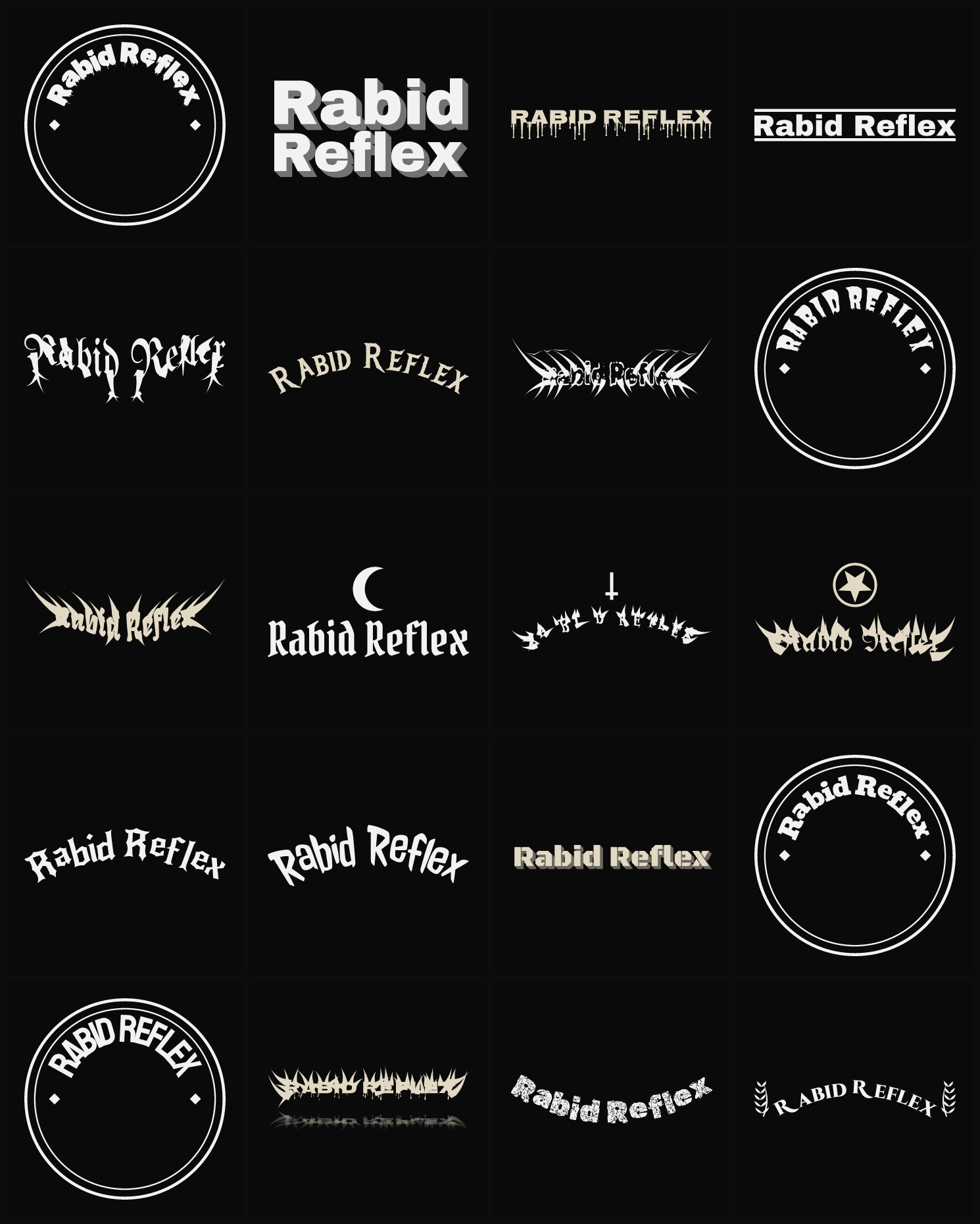 Twenty Rabid Reflex band logo ideas — different faces, treatments and spike settings