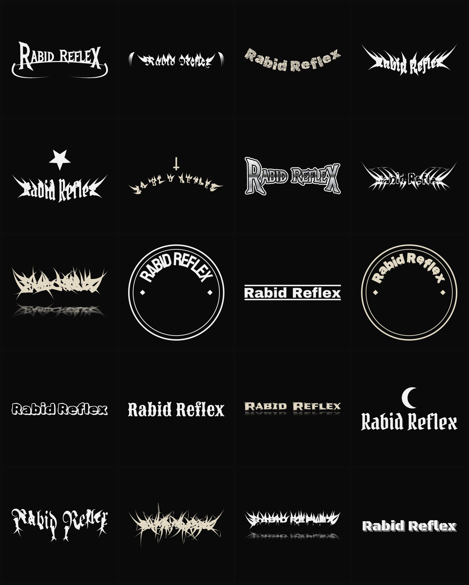 Twenty Rabid Reflex band logo ideas — different faces, treatments and spike settings