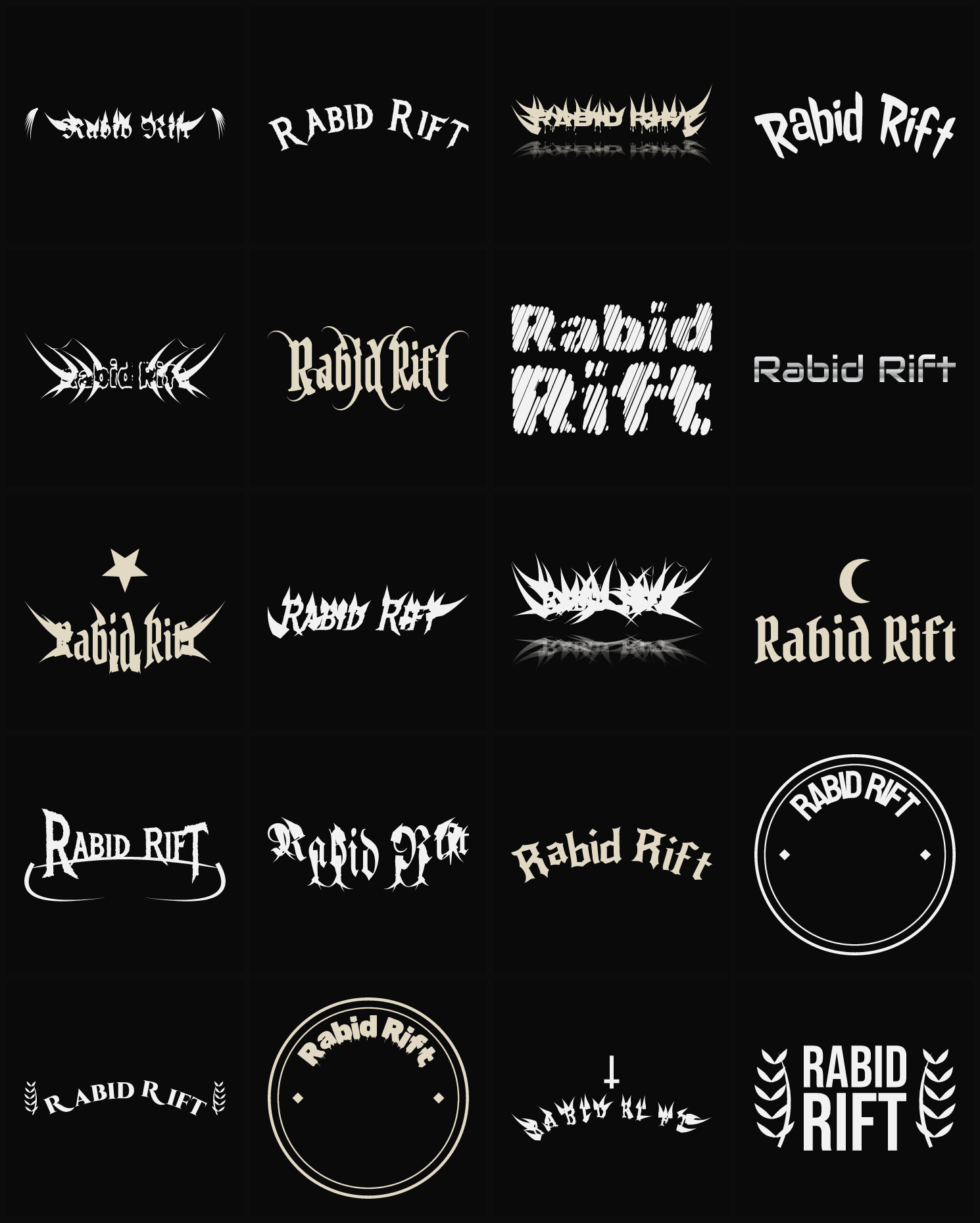 Twenty Rabid Rift band logo ideas — different faces, treatments and spike settings