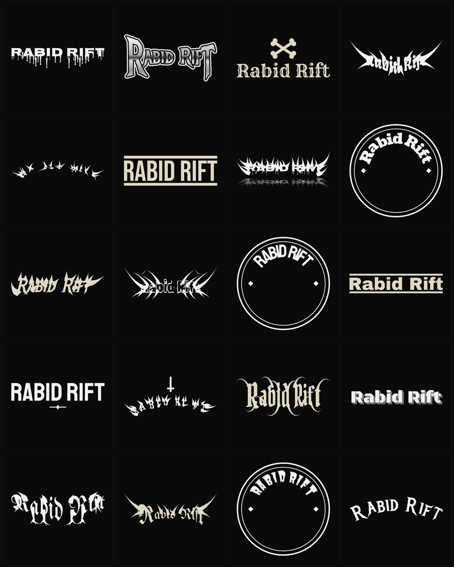 Twenty Rabid Rift band logo ideas — different faces, treatments and spike settings