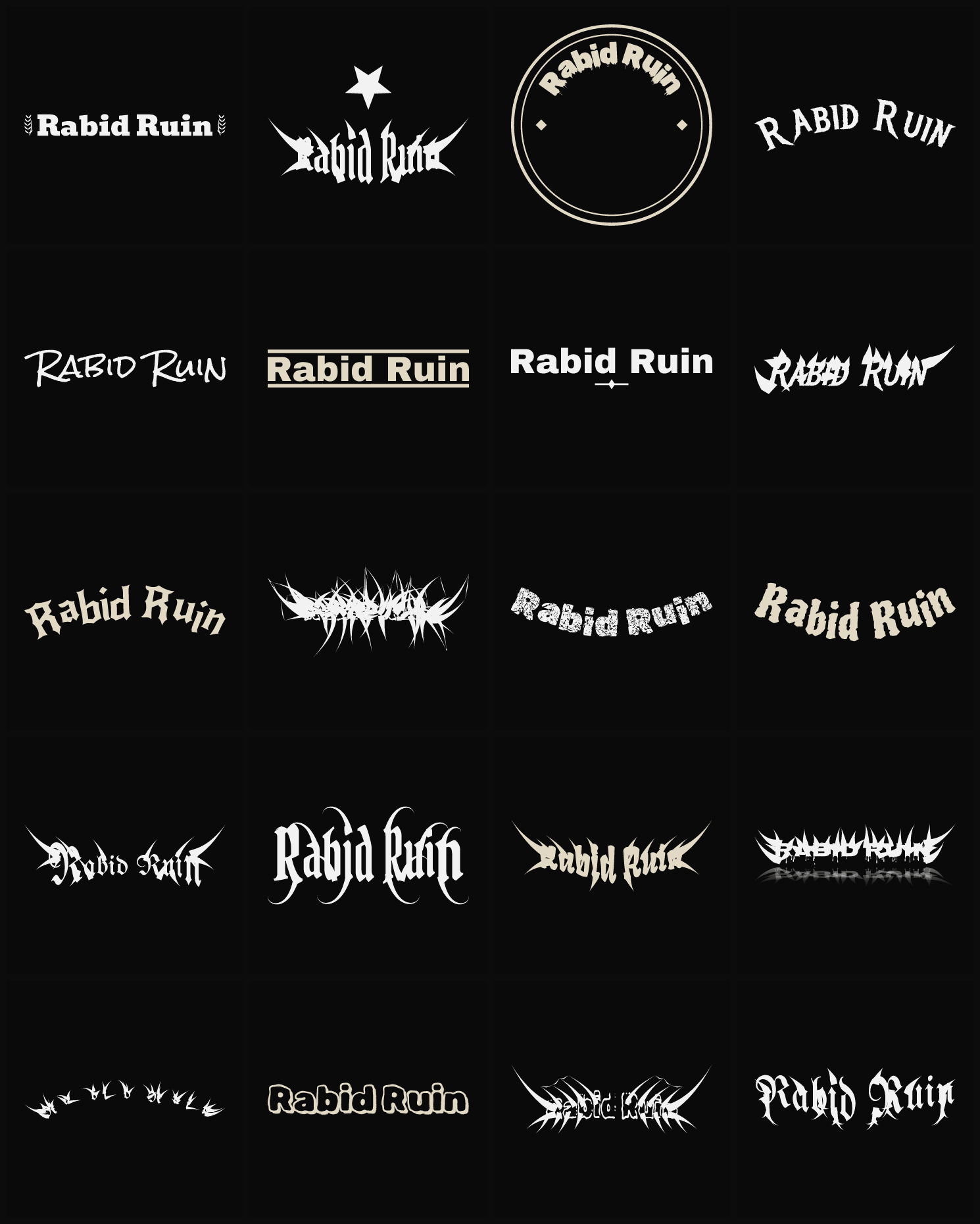Twenty Rabid Ruin band logo ideas — different faces, treatments and spike settings