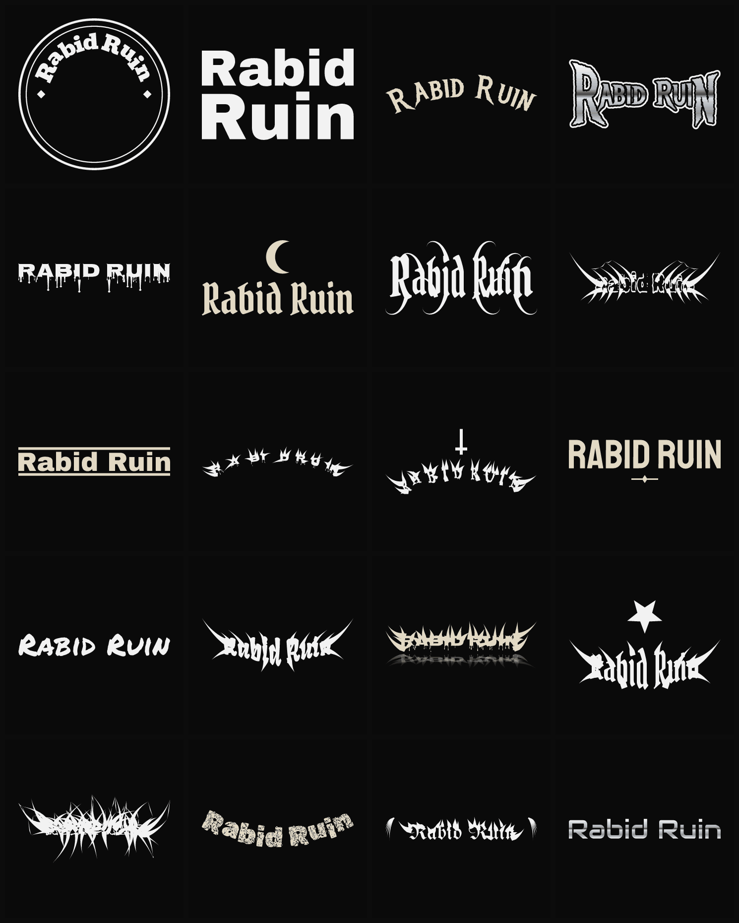 Twenty Rabid Ruin band logo ideas — different faces, treatments and spike settings
