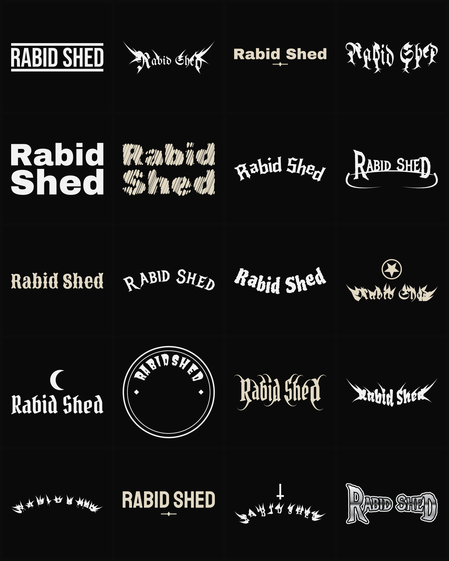 Twenty Rabid Shed band logo ideas — different faces, treatments and spike settings