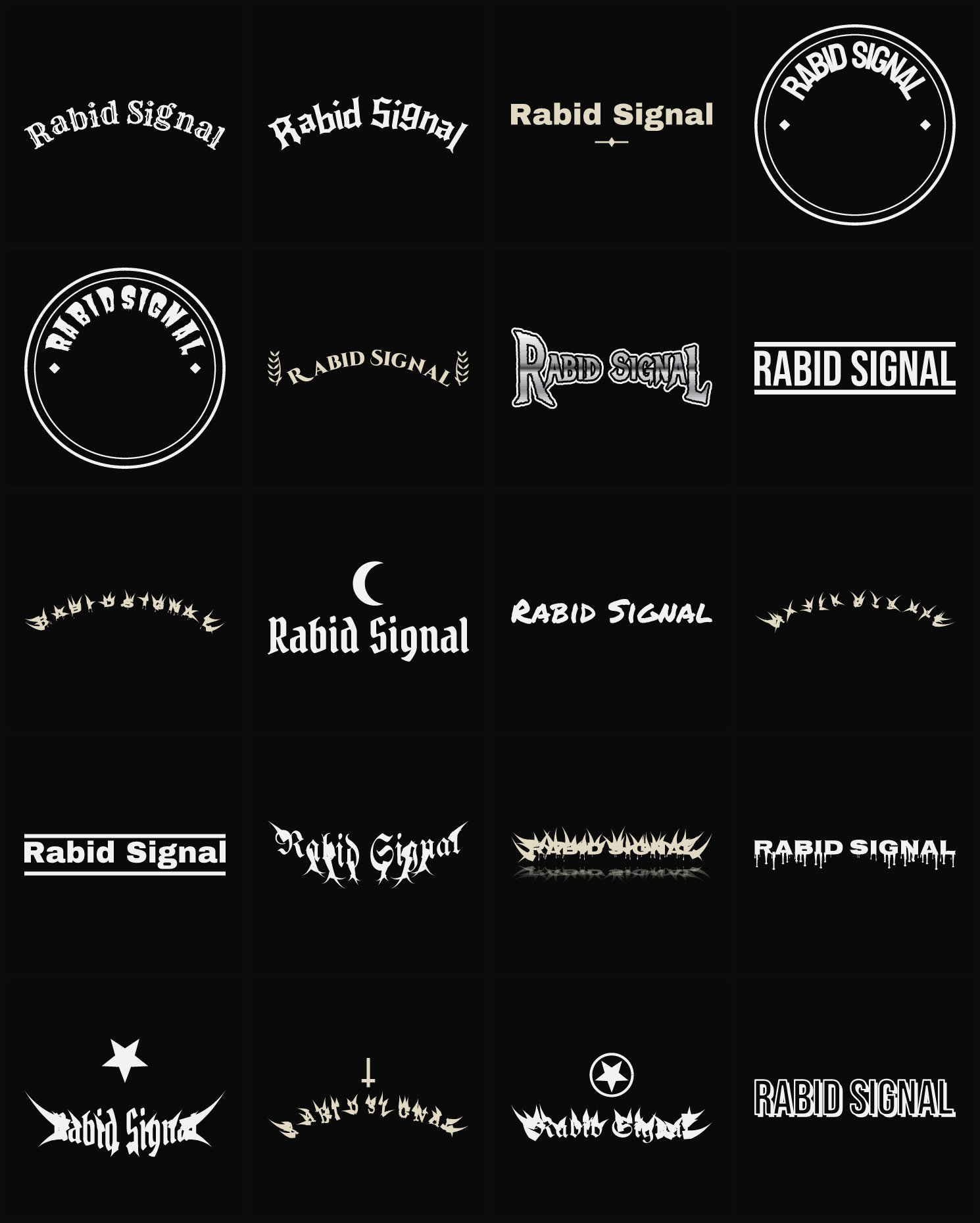 Twenty Rabid Signal band logo ideas — different faces, treatments and spike settings
