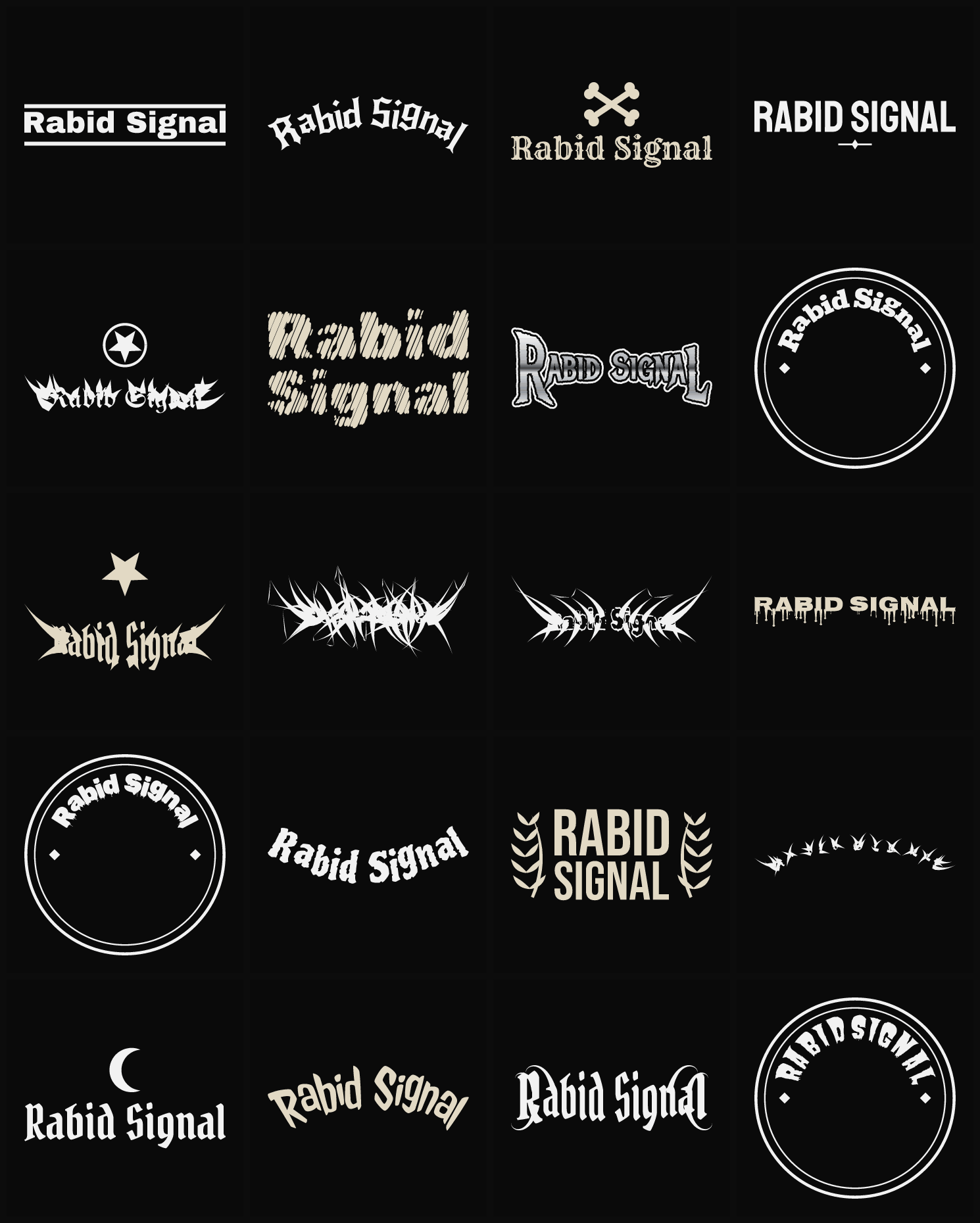 Twenty Rabid Signal band logo ideas — different faces, treatments and spike settings