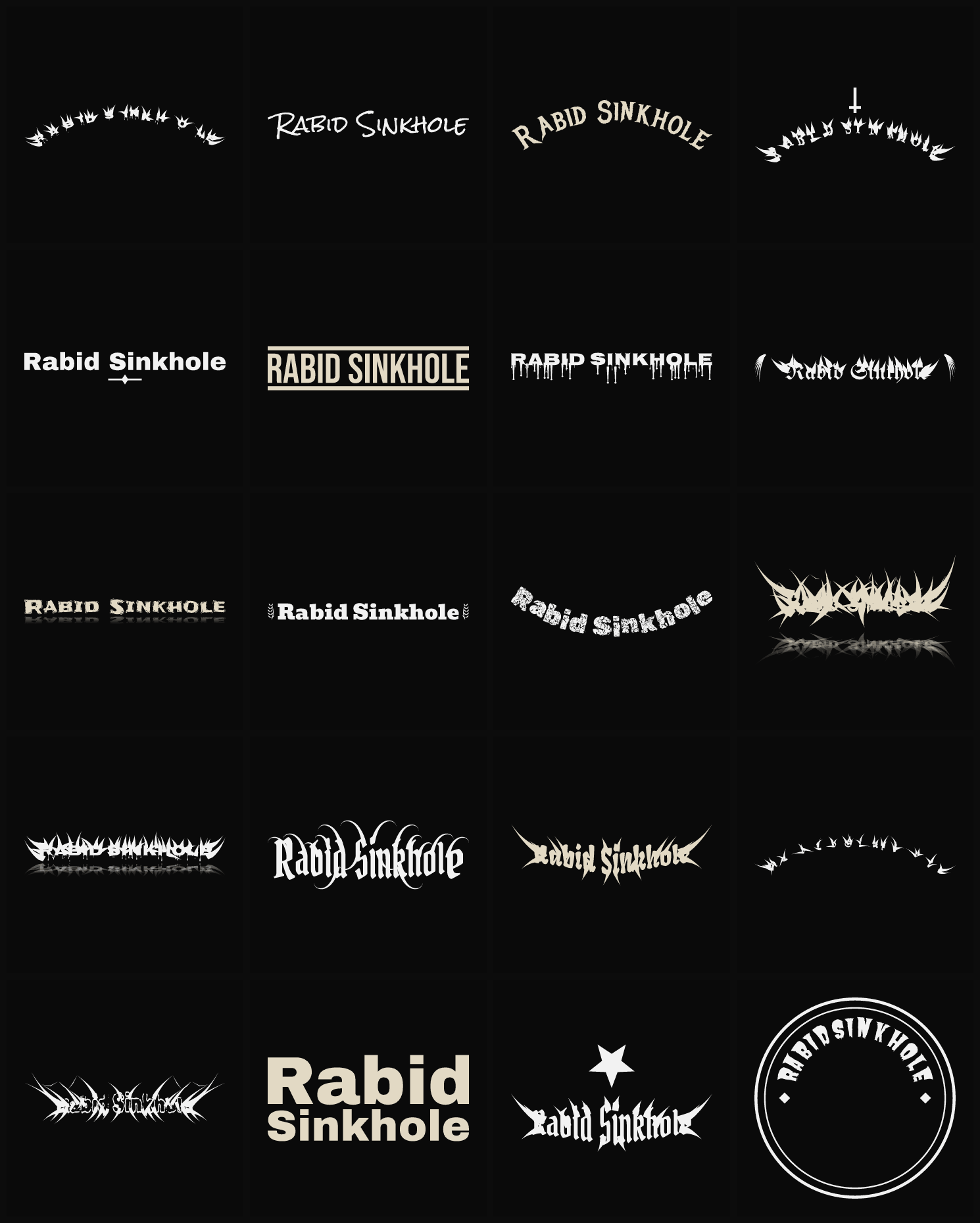Twenty Rabid Sinkhole band logo ideas — different faces, treatments and spike settings