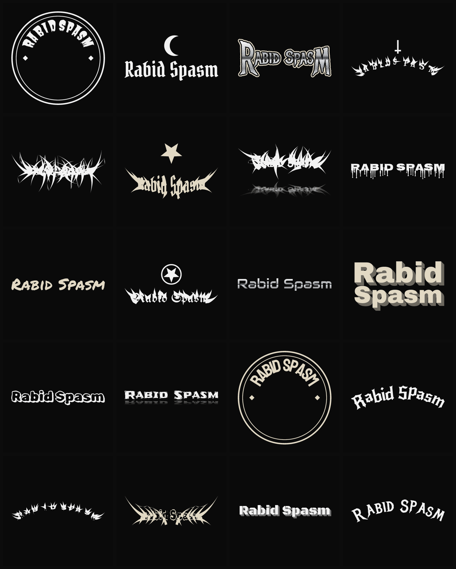 Twenty Rabid Spasm band logo ideas — different faces, treatments and spike settings
