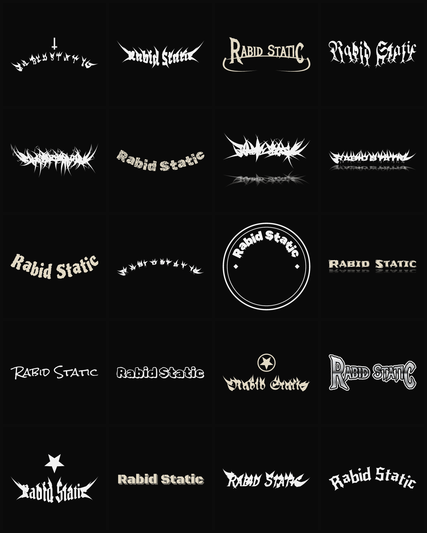Twenty Rabid Static band logo ideas — different faces, treatments and spike settings