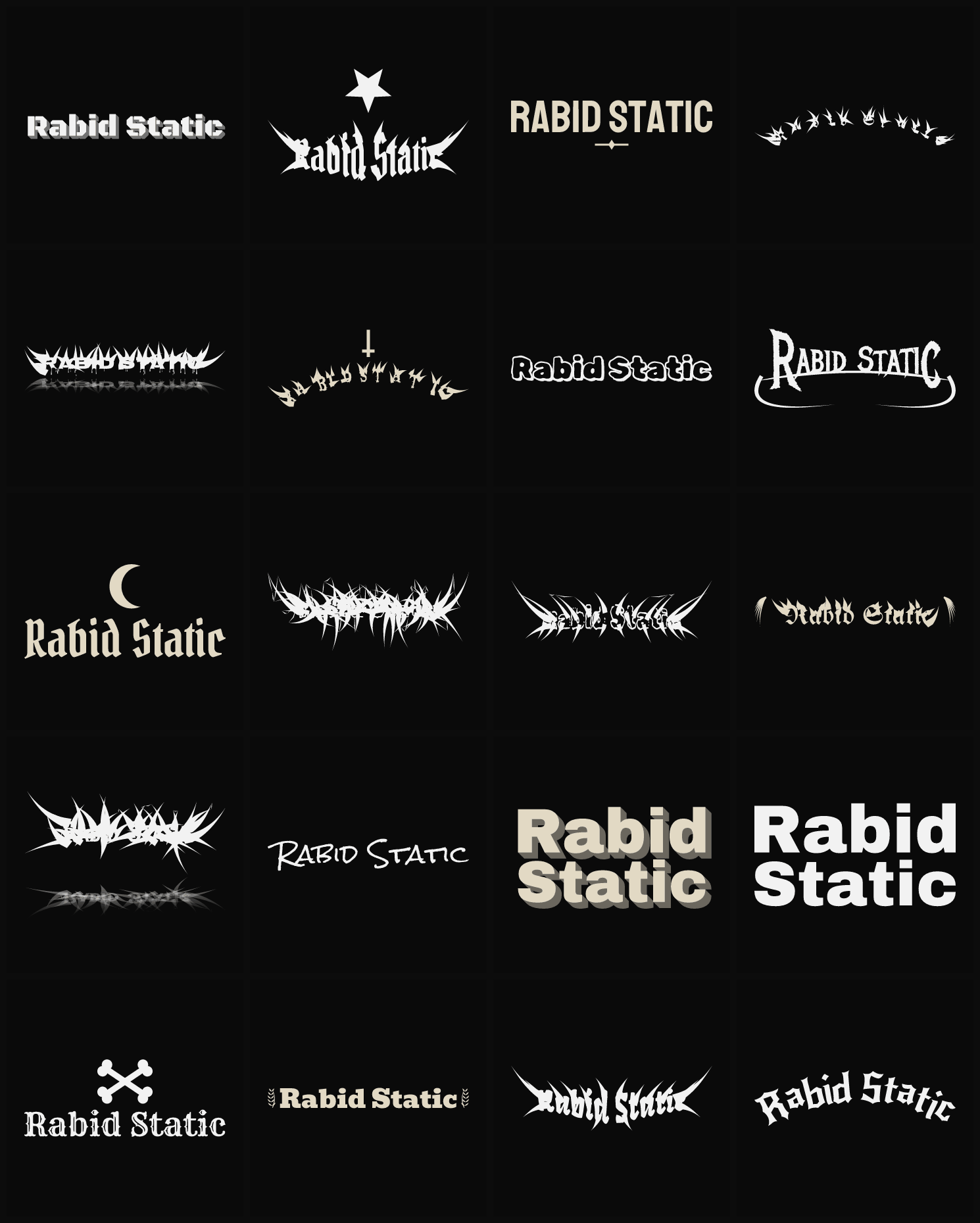 Twenty Rabid Static band logo ideas — different faces, treatments and spike settings