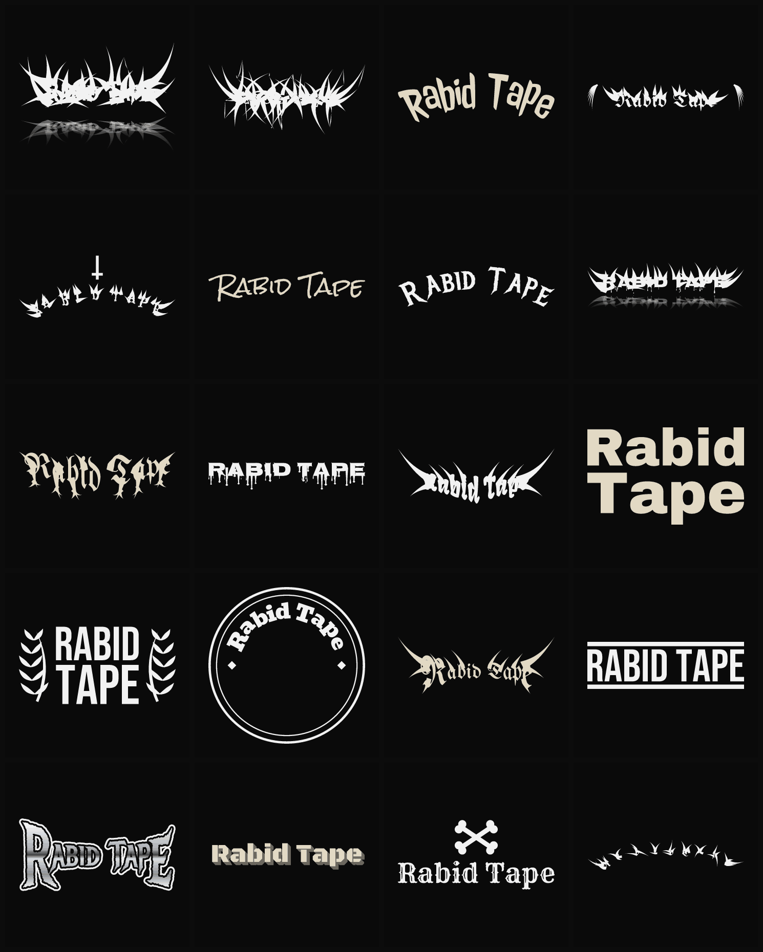 Twenty Rabid Tape band logo ideas — different faces, treatments and spike settings