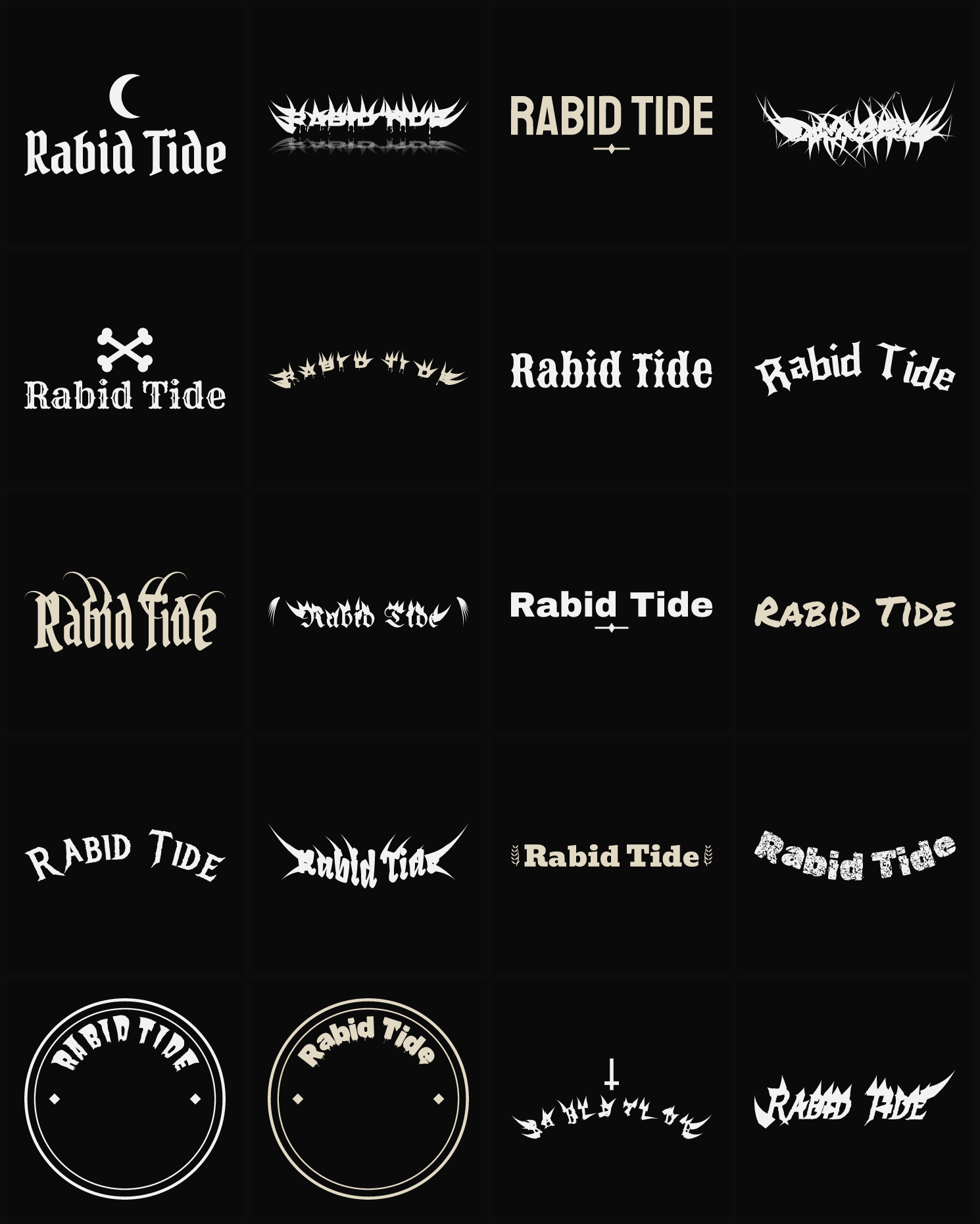 Twenty Rabid Tide band logo ideas — different faces, treatments and spike settings