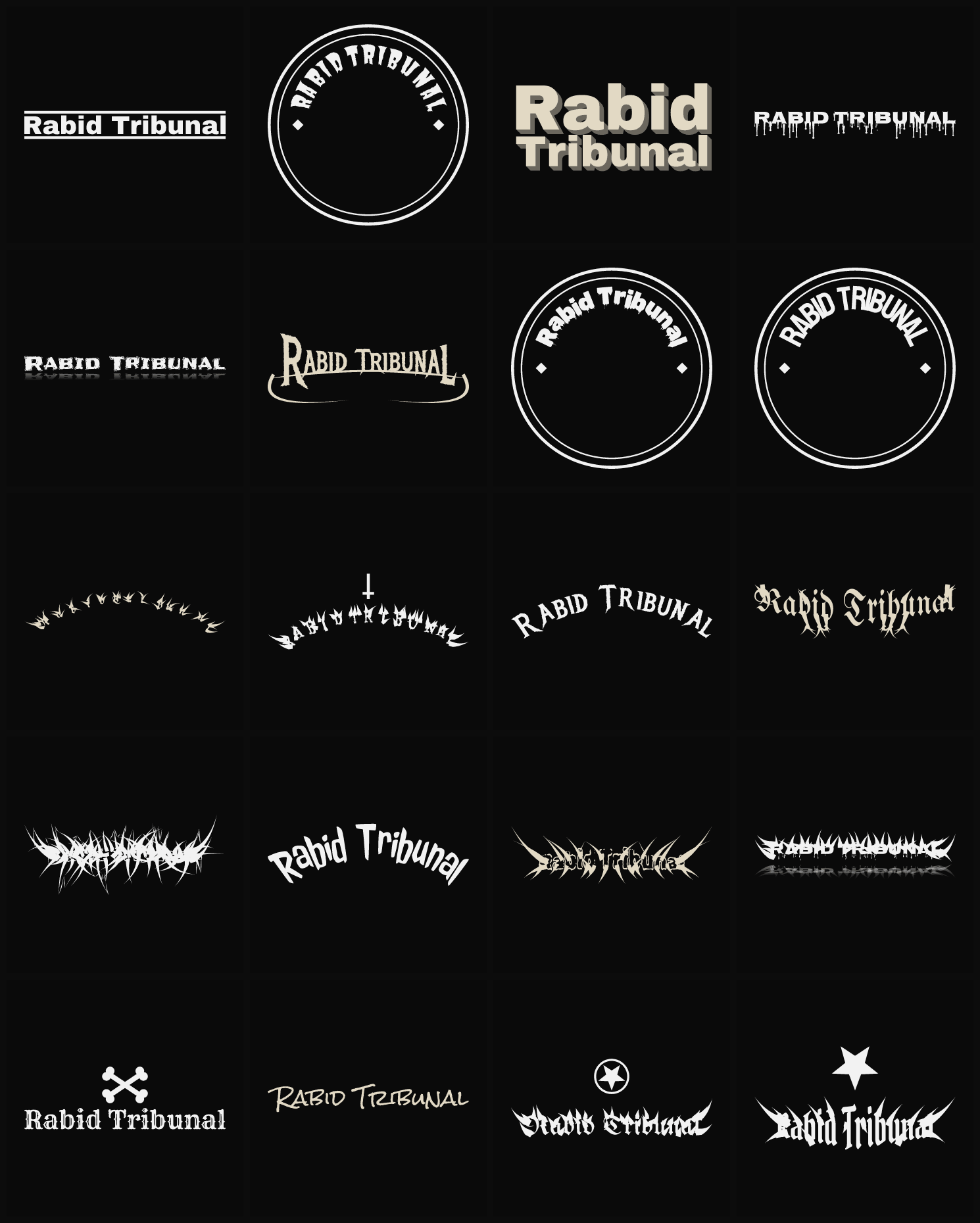 Twenty Rabid Tribunal band logo ideas — different faces, treatments and spike settings