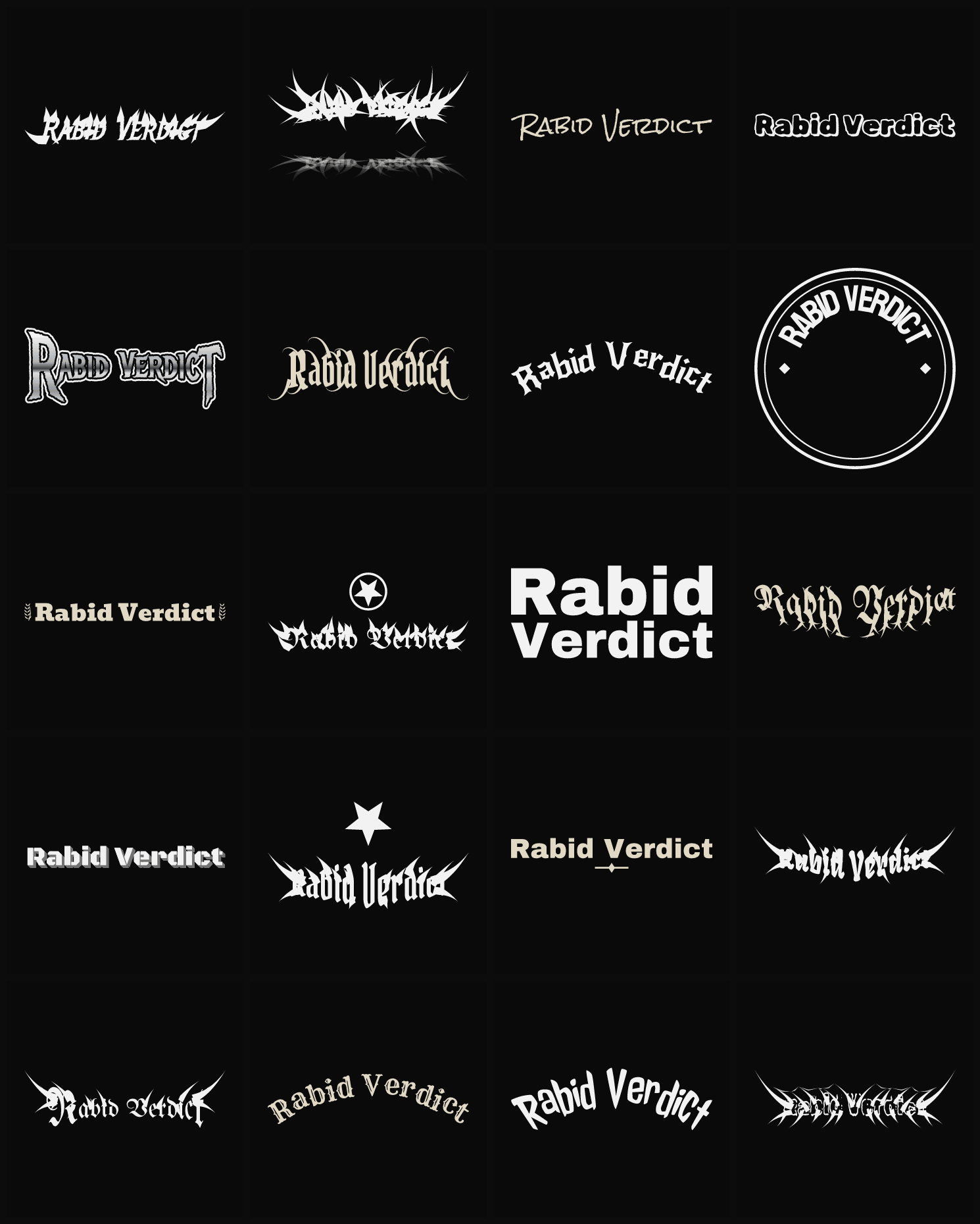 Twenty Rabid Verdict band logo ideas — different faces, treatments and spike settings