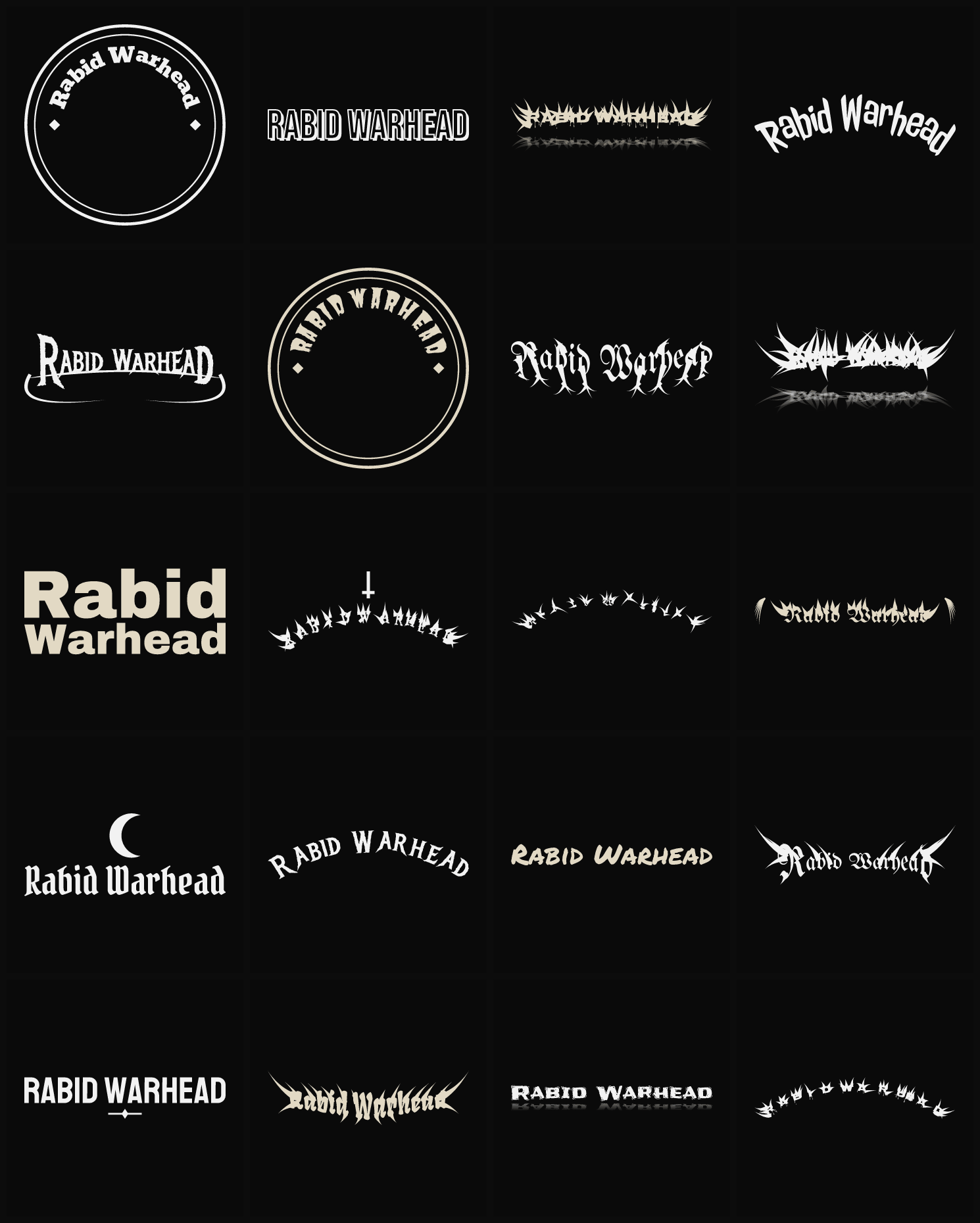 Twenty Rabid Warhead band logo ideas — different faces, treatments and spike settings