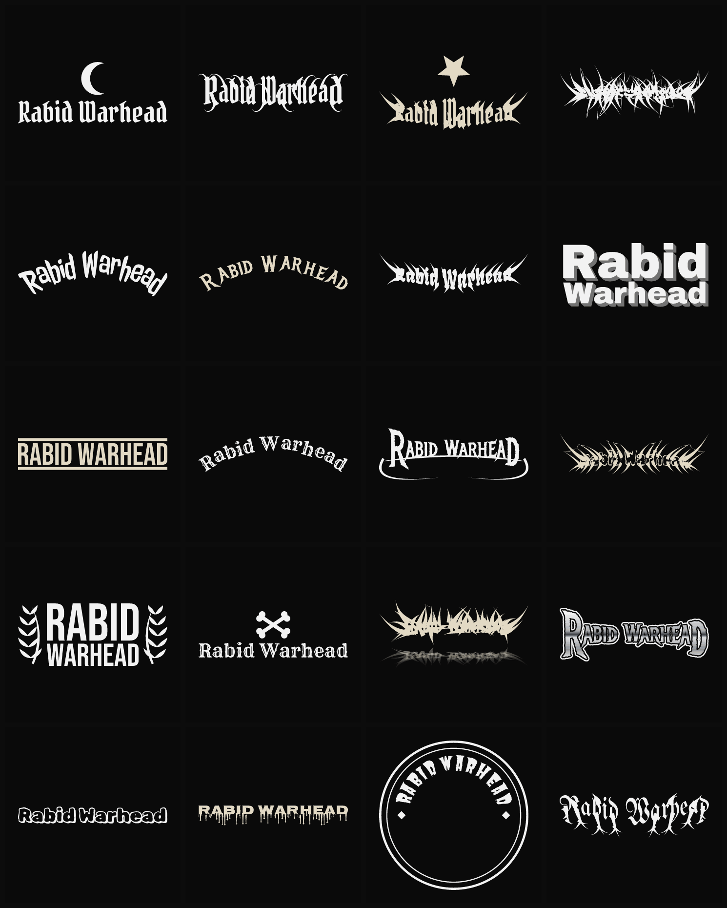 Twenty Rabid Warhead band logo ideas — different faces, treatments and spike settings