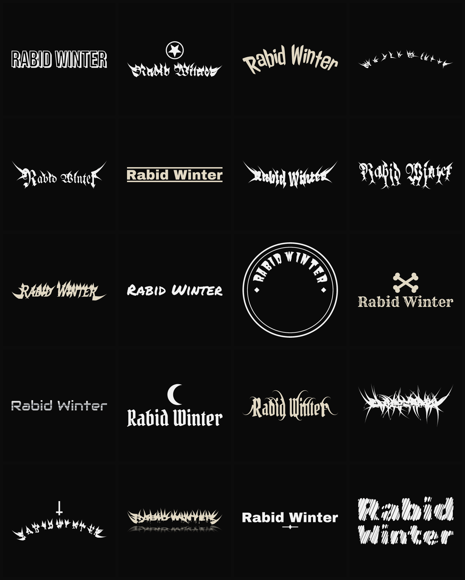 Twenty Rabid Winter band logo ideas — different faces, treatments and spike settings