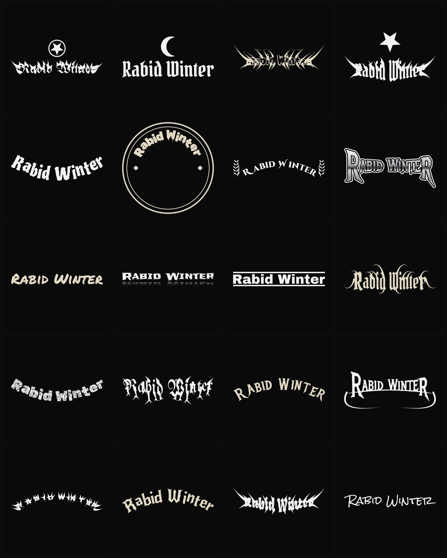 Twenty Rabid Winter band logo ideas — different faces, treatments and spike settings