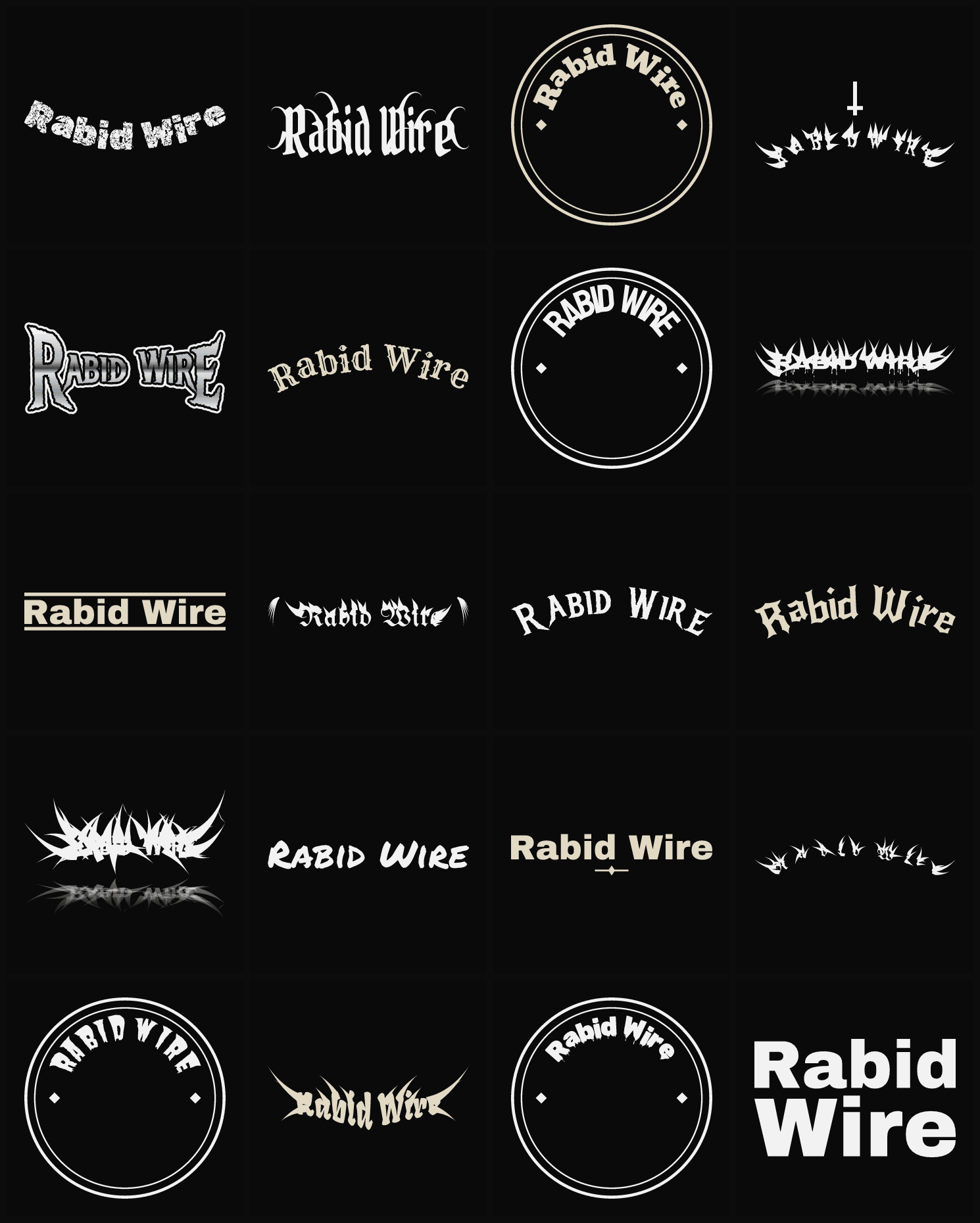Twenty Rabid Wire band logo ideas — different faces, treatments and spike settings
