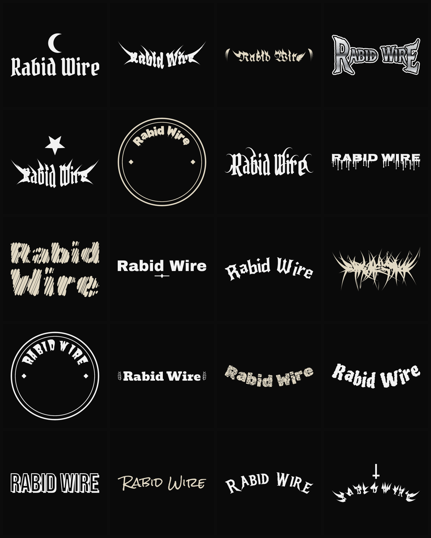 Twenty Rabid Wire band logo ideas — different faces, treatments and spike settings