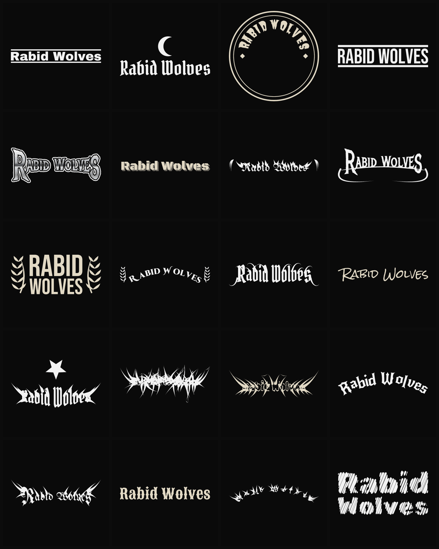Twenty Rabid Wolves band logo ideas — different faces, treatments and spike settings