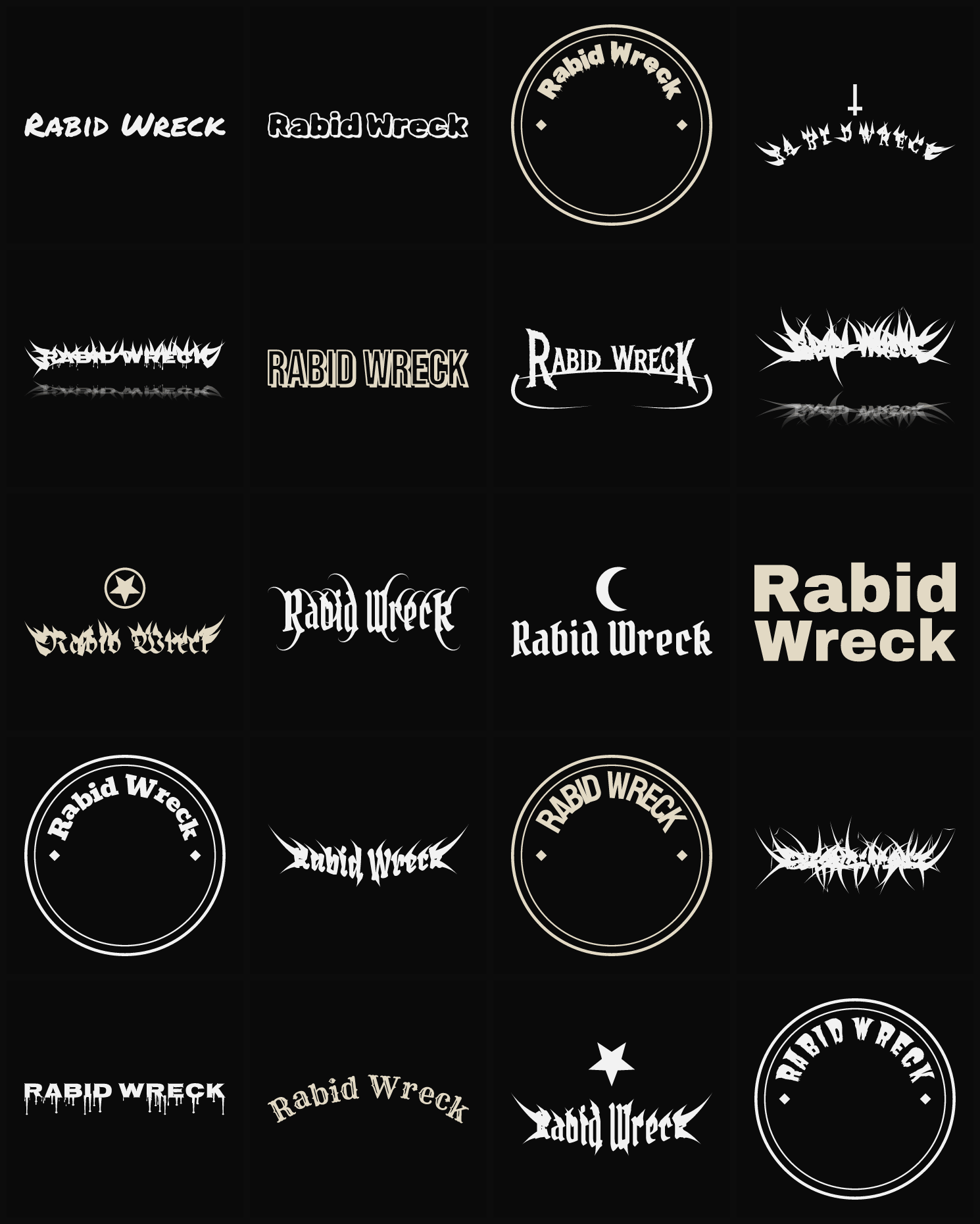Twenty Rabid Wreck band logo ideas — different faces, treatments and spike settings