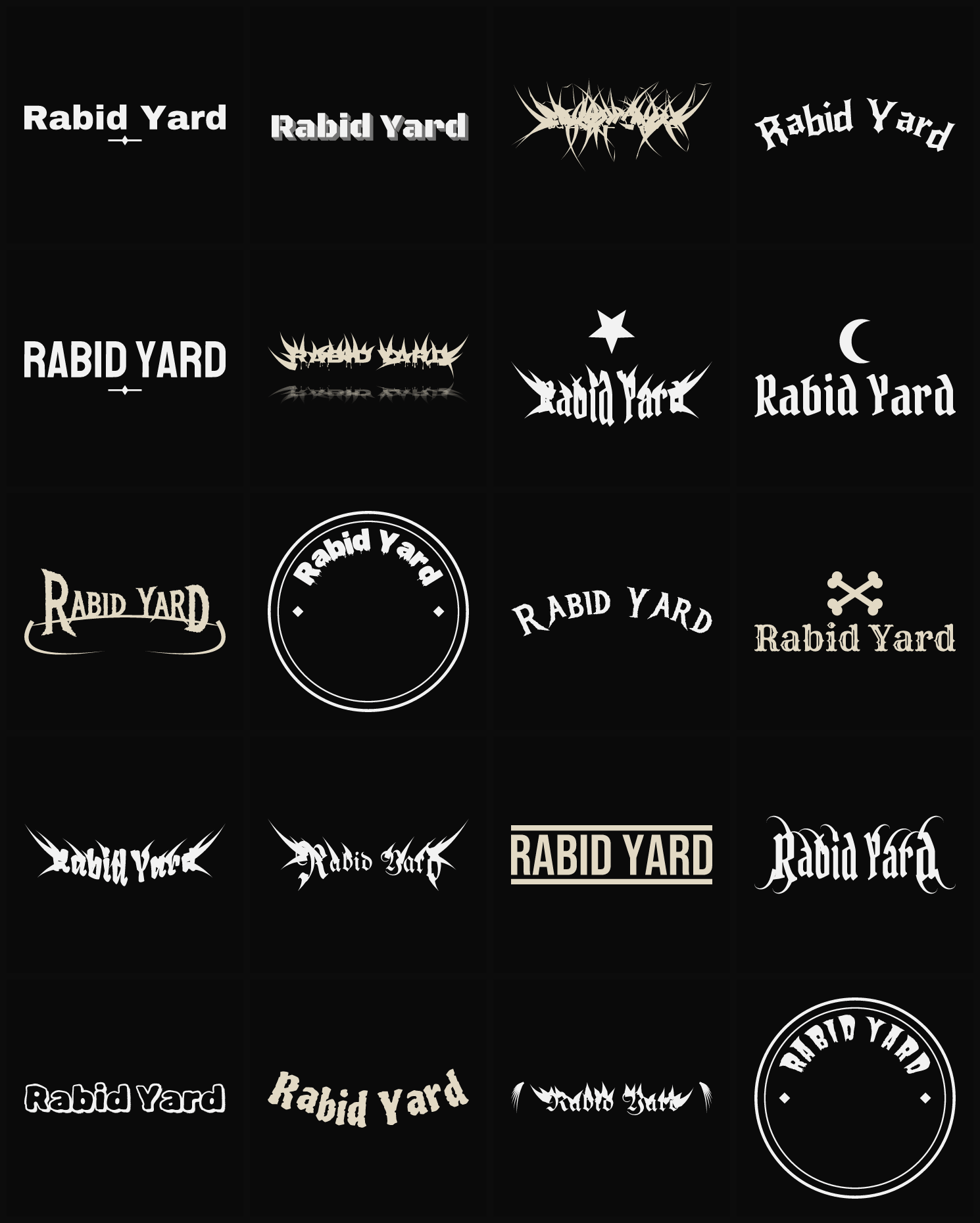 Twenty Rabid Yard band logo ideas — different faces, treatments and spike settings