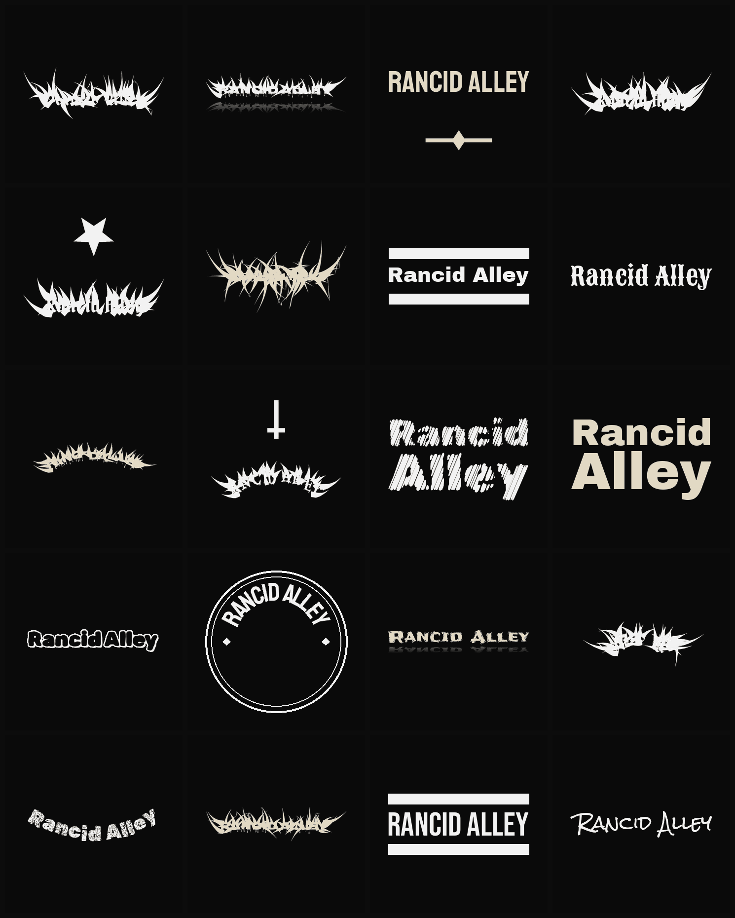 Twenty Rancid Alley band logo ideas — different faces, treatments and spike settings