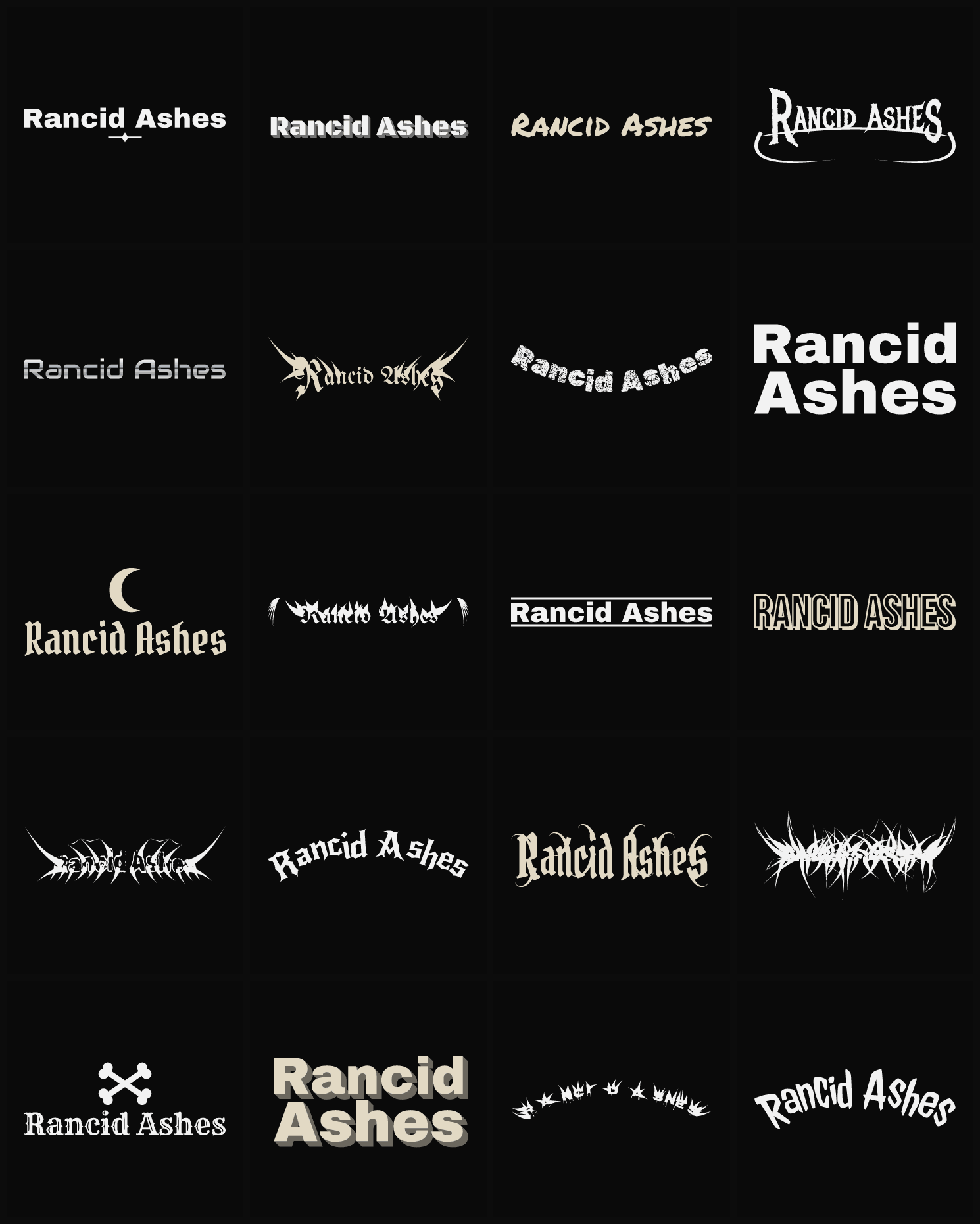 Twenty Rancid Ashes band logo ideas — different faces, treatments and spike settings