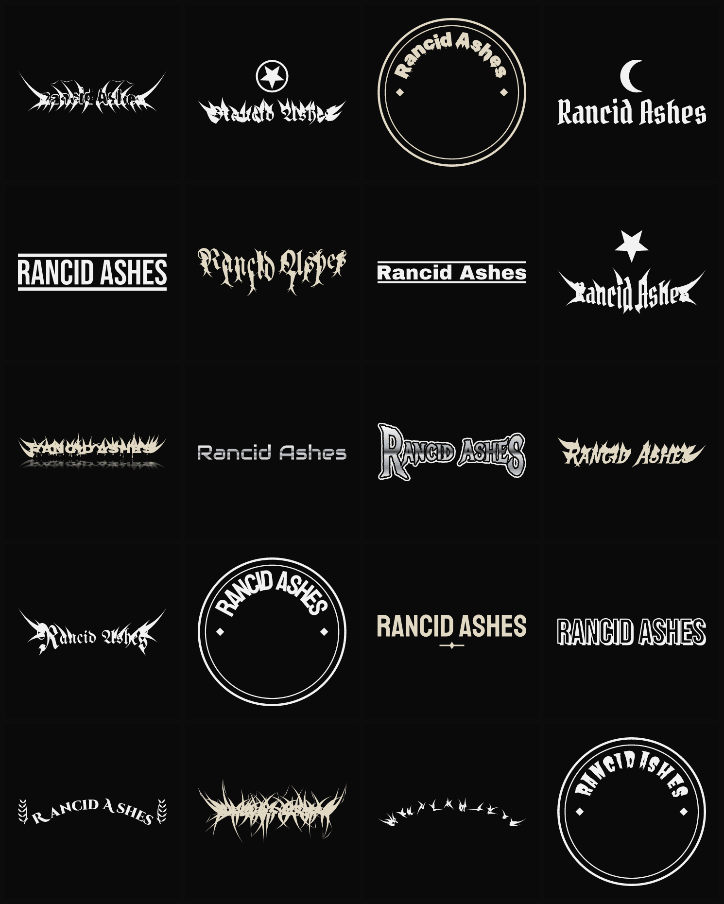 Twenty Rancid Ashes band logo ideas — different faces, treatments and spike settings