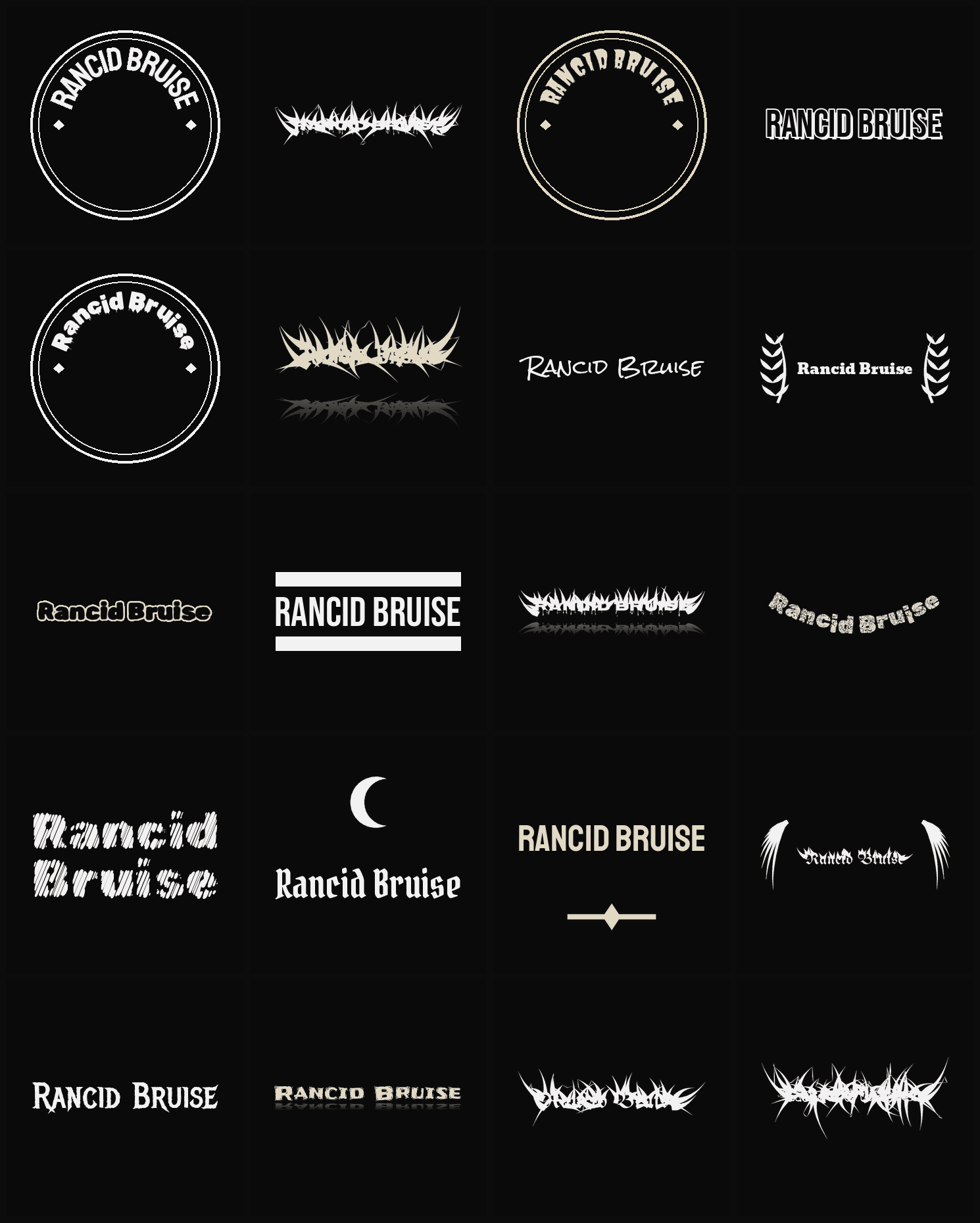 Twenty Rancid Bruise band logo ideas — different faces, treatments and spike settings