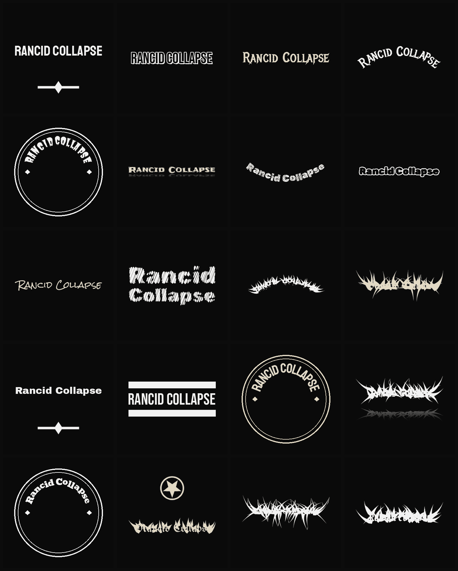 Twenty Rancid Collapse band logo ideas — different faces, treatments and spike settings